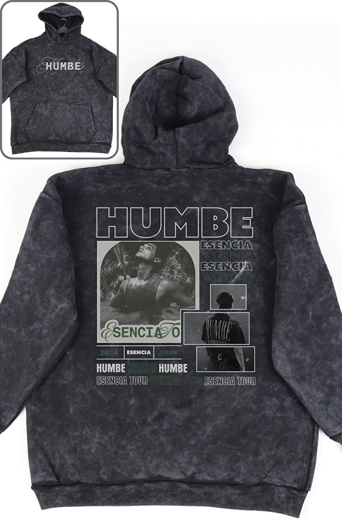 Oversize Humbe Sırt Baskılı Kapüşonlu Yıkamalı Sweatshirt, Unisex Şarkıcı Temalı Eskitme Hoodie
