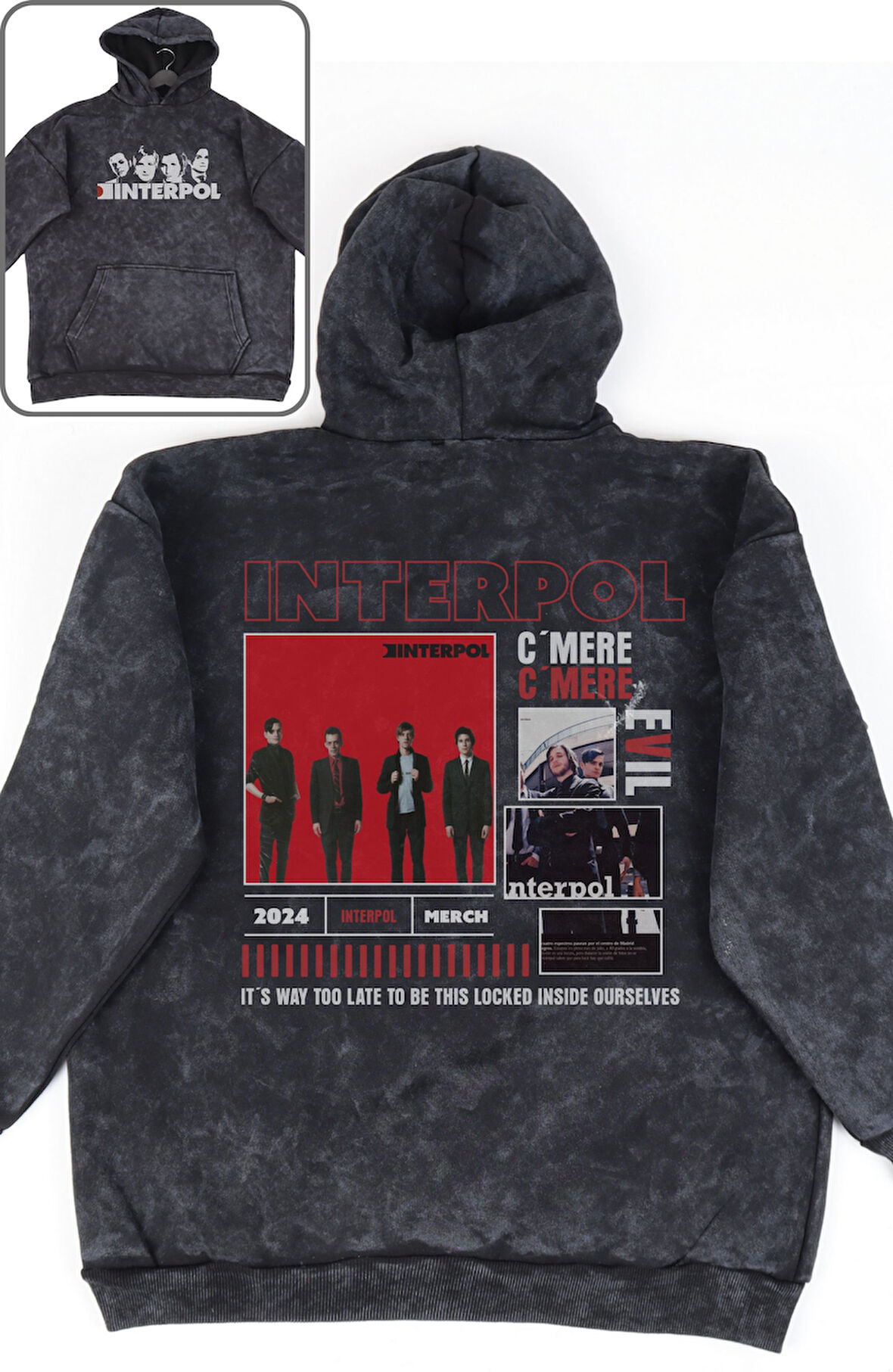 Oversize Interpool Sırt Baskılı Kapüşonlu Yıkamalı Sweatshirt, Unisex Rock Band Temalı Retro Hoodie