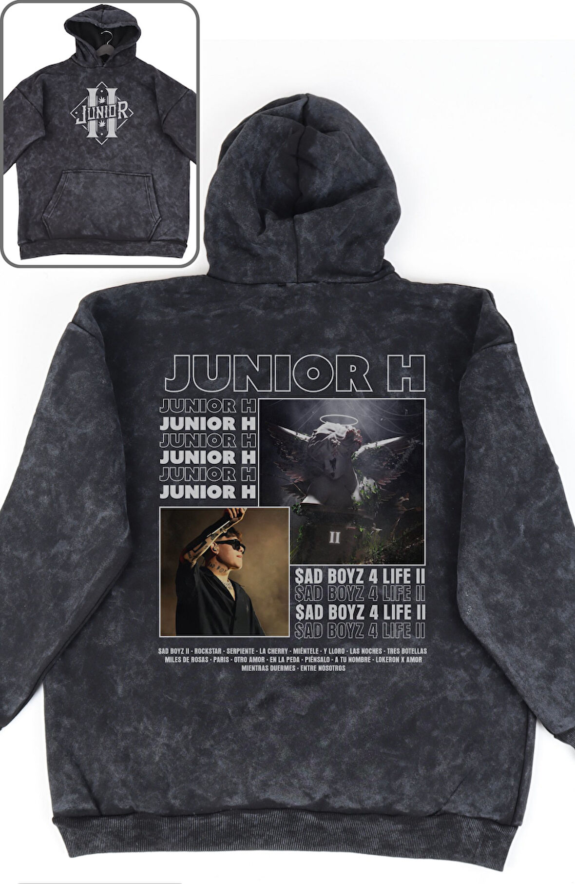 Unisex Junior H Sırt Baskılı Kapüşonlu Yıkamalı Sweatshirt, Oversize Şarkıcı Temalı Retro Hoodie