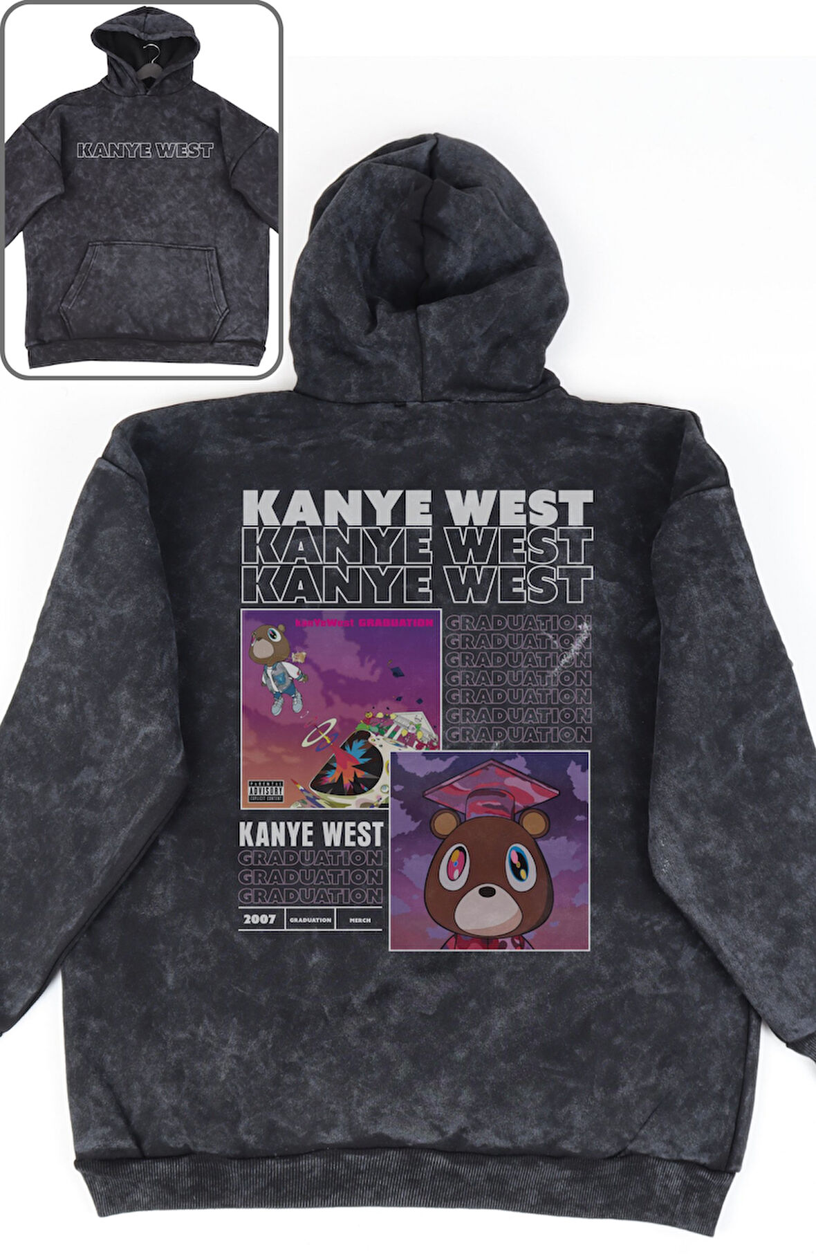 Unisex Graduation Albüm Sırt Baskılı Kapüşonlu Yıkamalı Sweatshirt, Oversize Kanye West Hoodie
