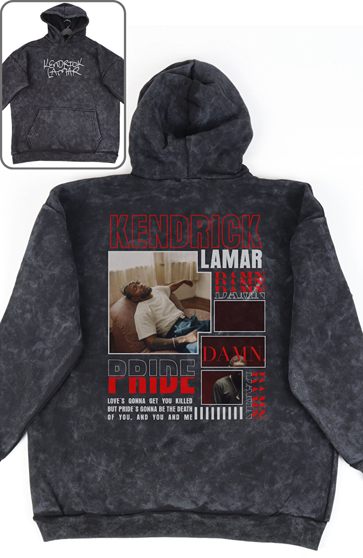 Unisex Kendrick Lamar Sırt Baskılı Kapüşonlu Yıkamalı Sweatshirt, Oversize Rapper Temalı Hoodie