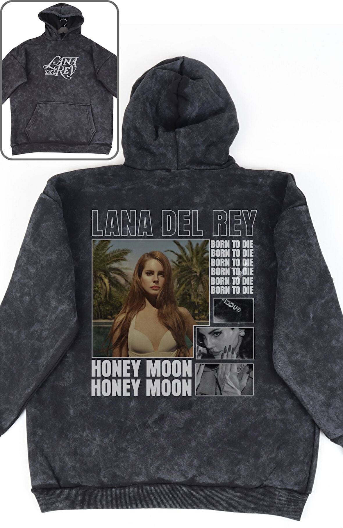 Unisex Lana Del Rey Sırt Baskılı Kapüşonlu Yıkamalı Sweatshirt, Oversize Şarkıcı Temalı Hoodie