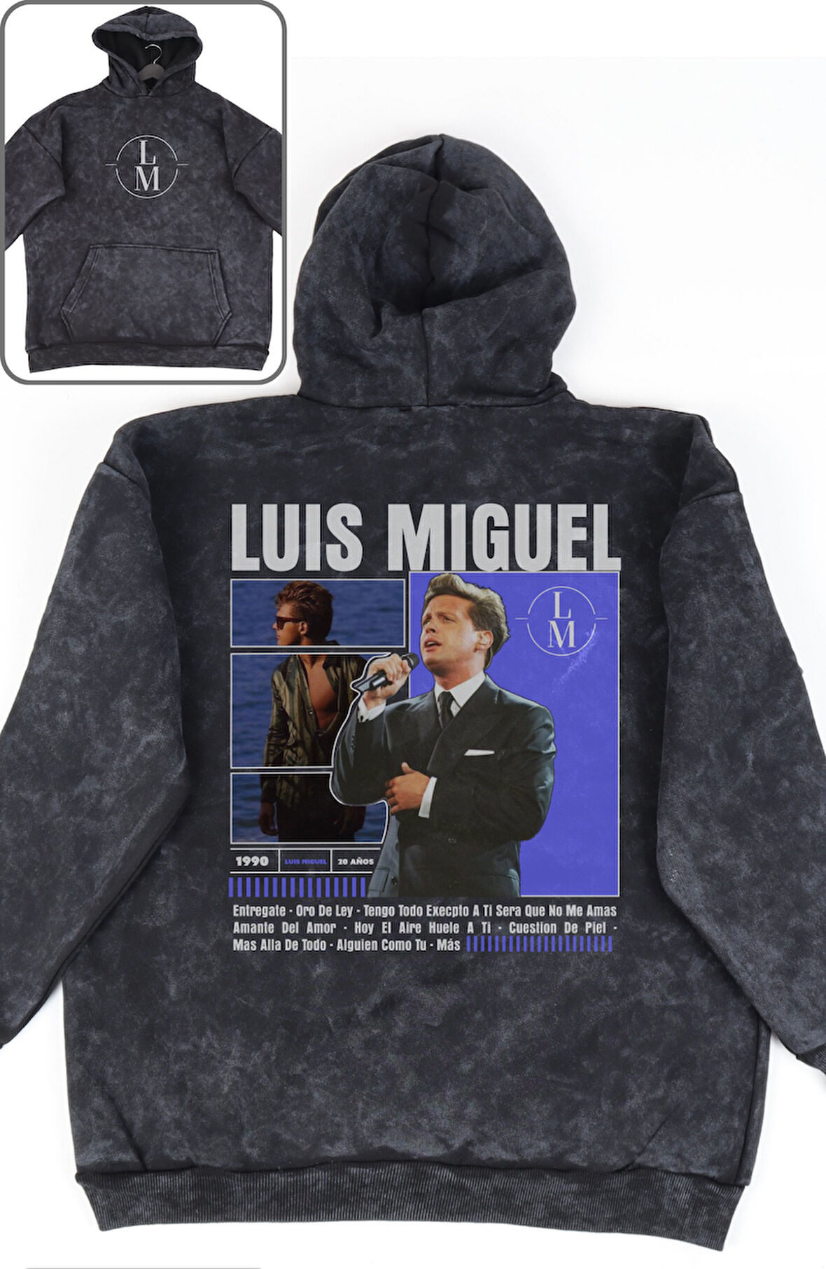 Unisex Luis Miguel Sırt Baskılı Kapüşonlu Yıkamalı Sweatshirt, Oversize Şarkıcı Temalı Retro Hoodie