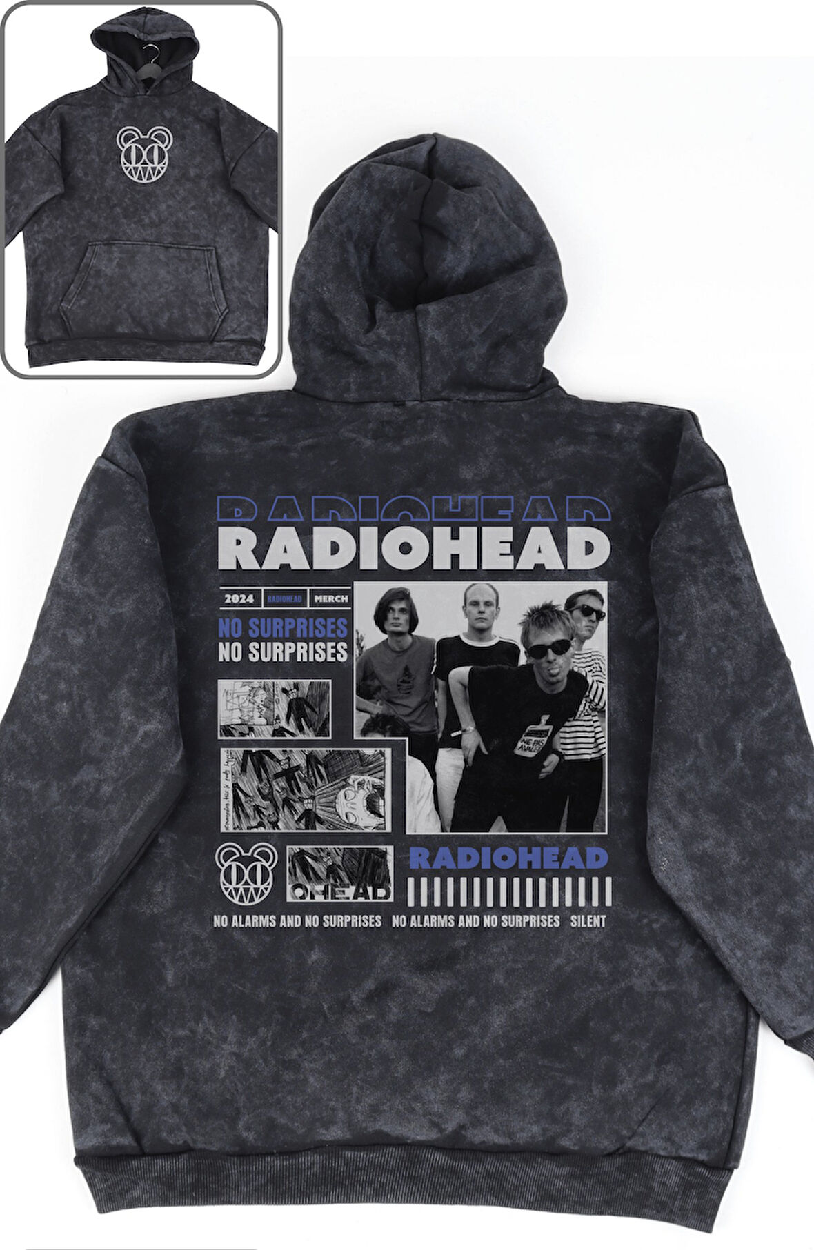 Unisex Radiohead Sırt Baskılı Kapüşonlu Yıkamalı Sweatshirt, Oversize Rock Band Temalı Retro Hoodie