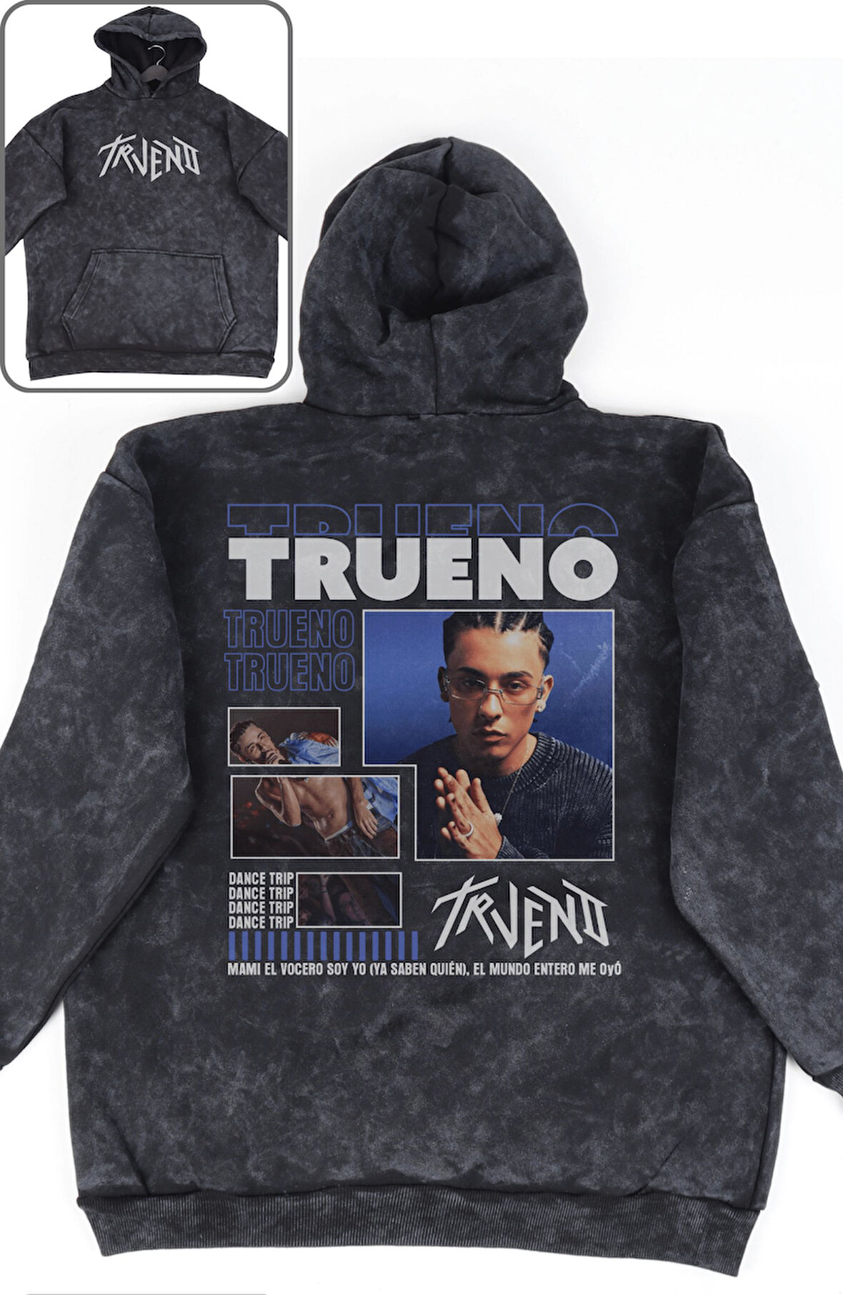 Unisex Trueno Sırt Baskılı Kapüşonlu Yıkamalı Sweatshirt, Oversize Rapper Temalı Vintage Hoodie