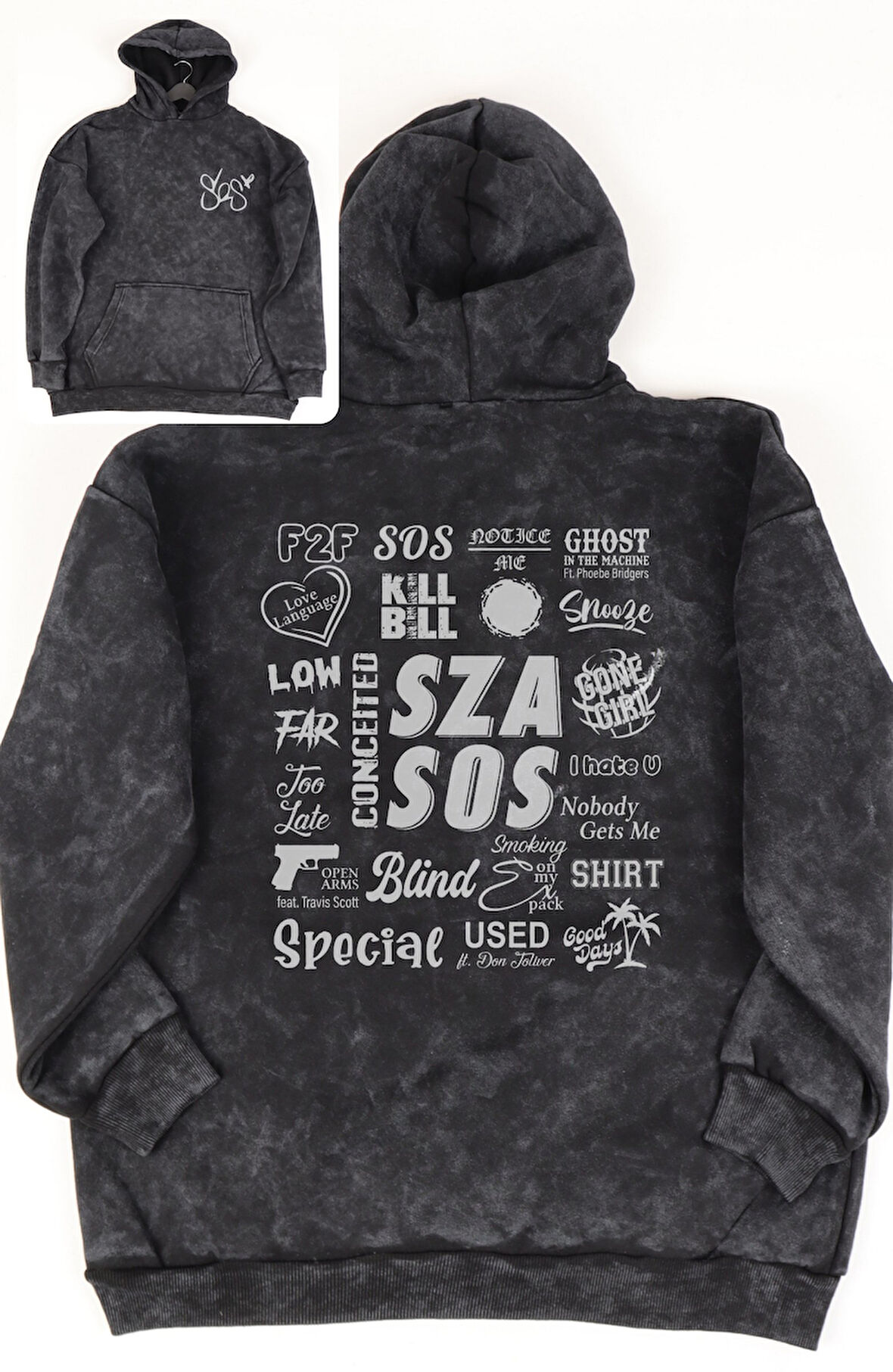Unisex Sza Sırt Baskılı Kapüşonlu Yıkamalı Sweatshirt, Oversize Sos Sza Yazılı Vintage Hoodie