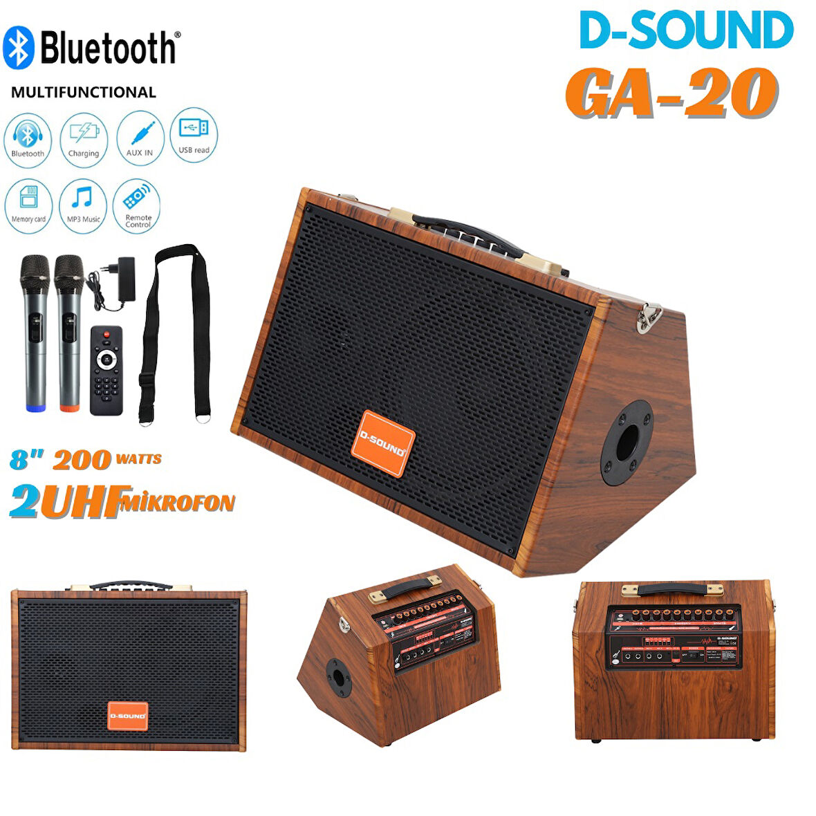 D-SOUND GA-20 TAŞINABİLİR ŞARJLI HOPARLÖR + 2 MİKROFONLU