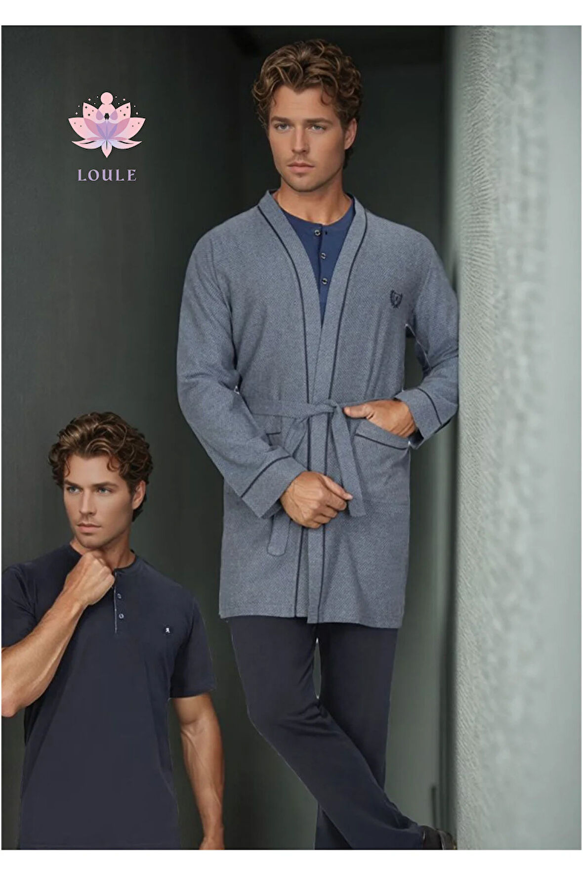 Erkek %100 Pamuk Penye 3 Parça Kutulu Robdöşambr & Uzun Kollu Pijama Takımı Set L1.ANC.355.01