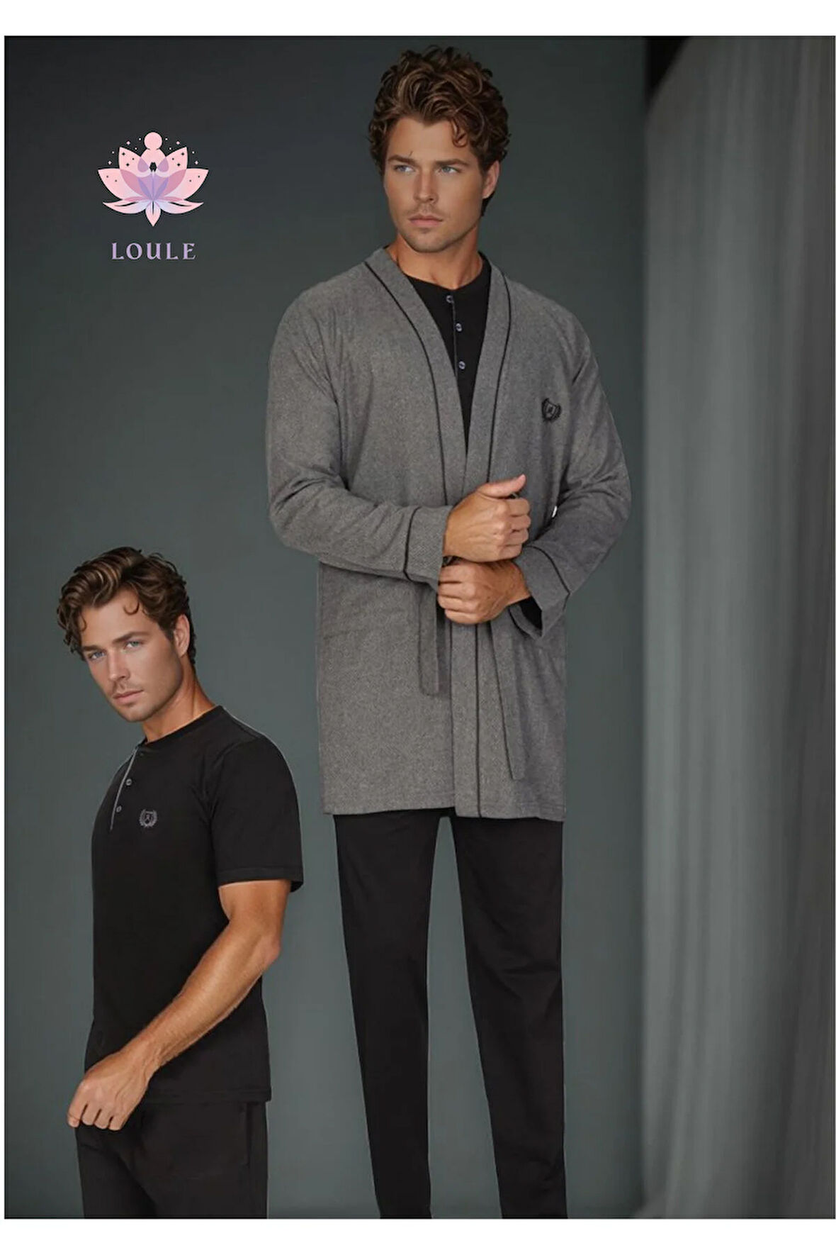 Erkek %100 Pamuk Penye 3 Parça Kutulu Robdöşambr & Uzun Kollu Pijama Takımı Set L1.ANC.355.01