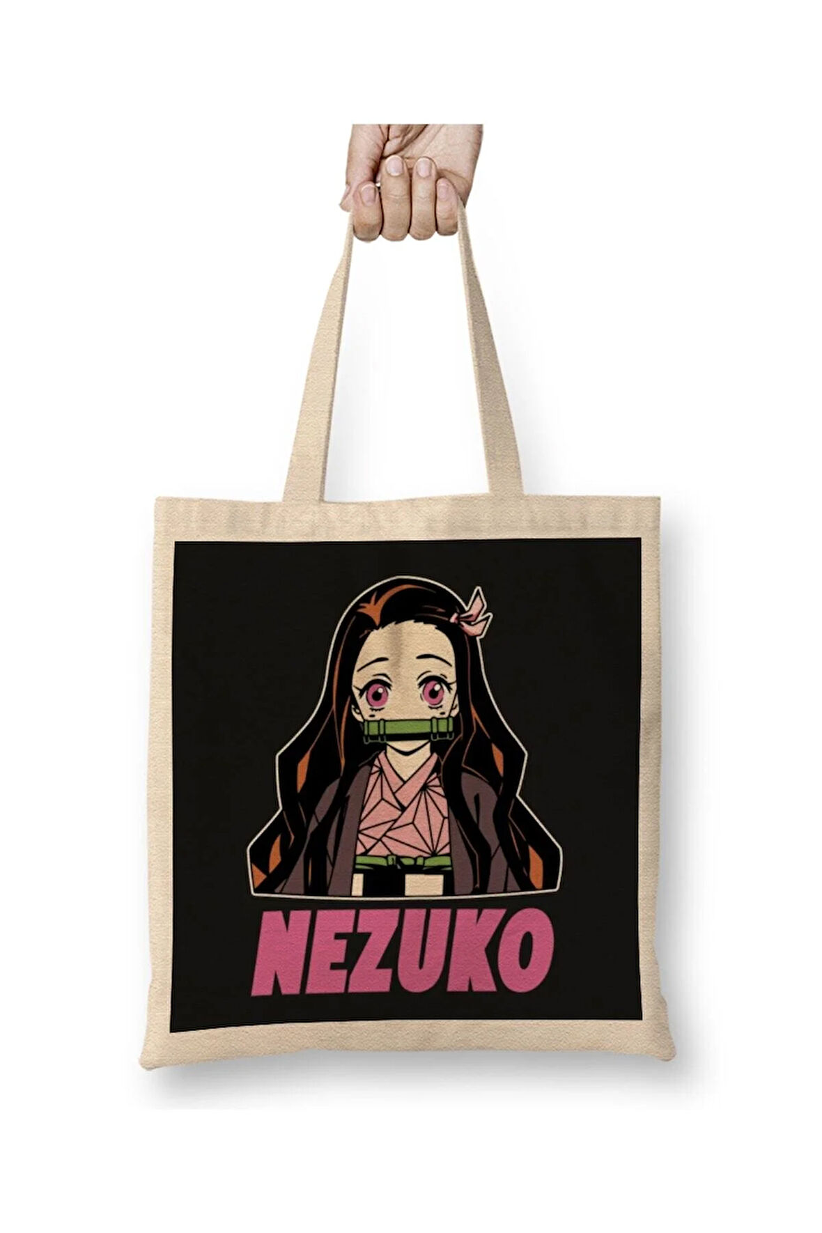 Demon Slayer Kimetsu No Yaiba Nezuko Anime Beyaz Bez Çanta Uzun Saplı Alışveriş Çantası