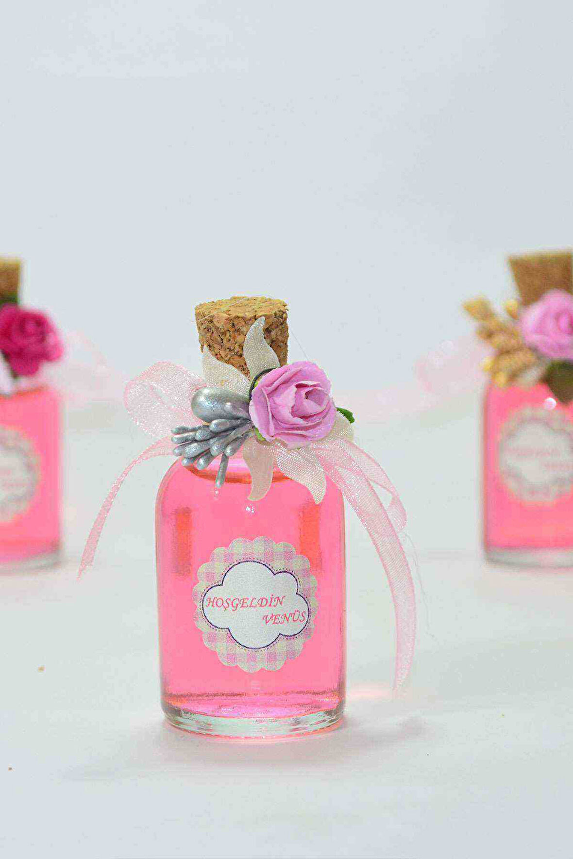 25 Adet Çiçekli Hediyelik Kolonya Şişesi, Nikah Şekeri, Bebek Şekeri - gümüş pembe