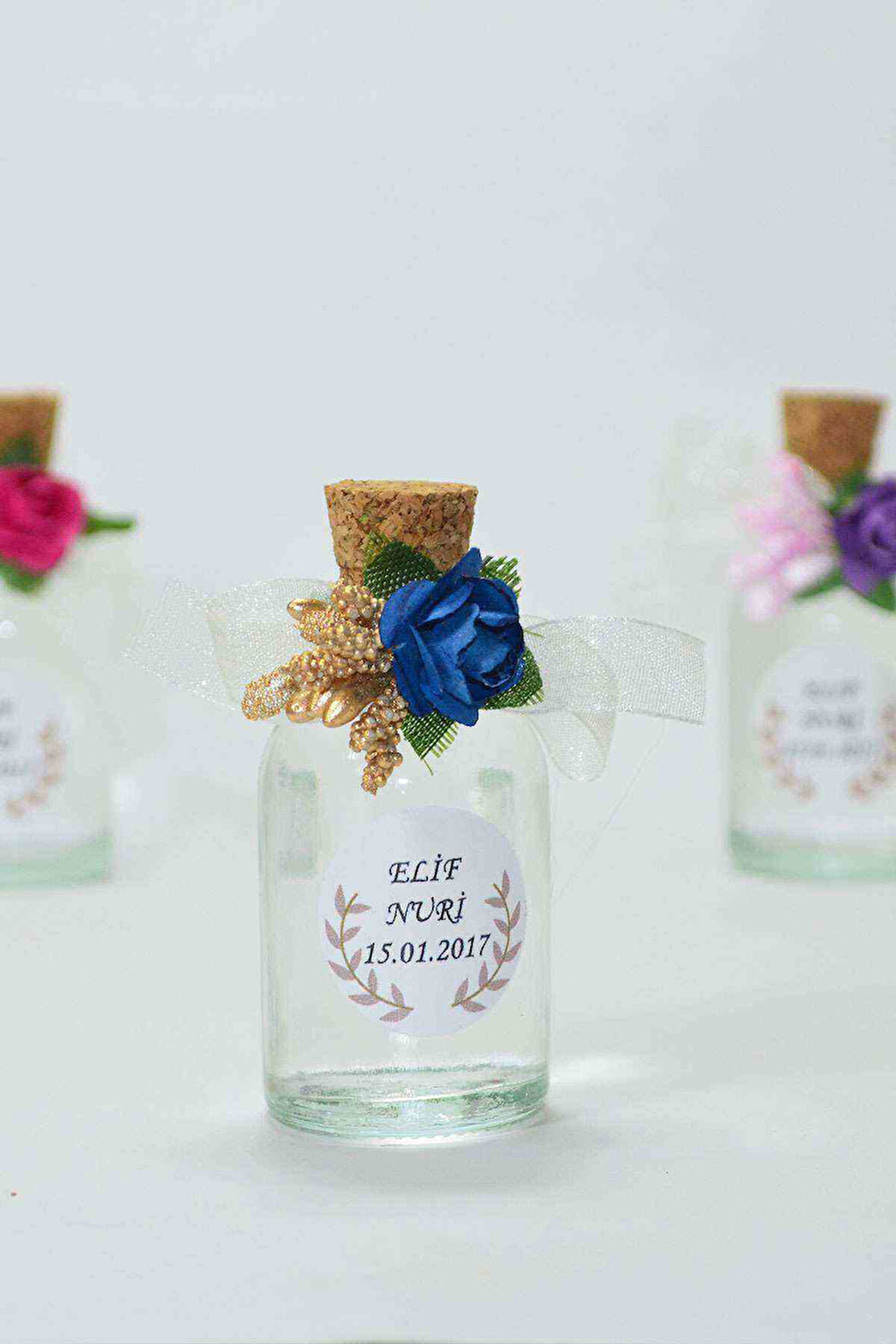 25 Adet Çiçekli Hediyelik Kolonya Şişesi, Nikah Şekeri, Bebek Şekeri - Gold Lacivert