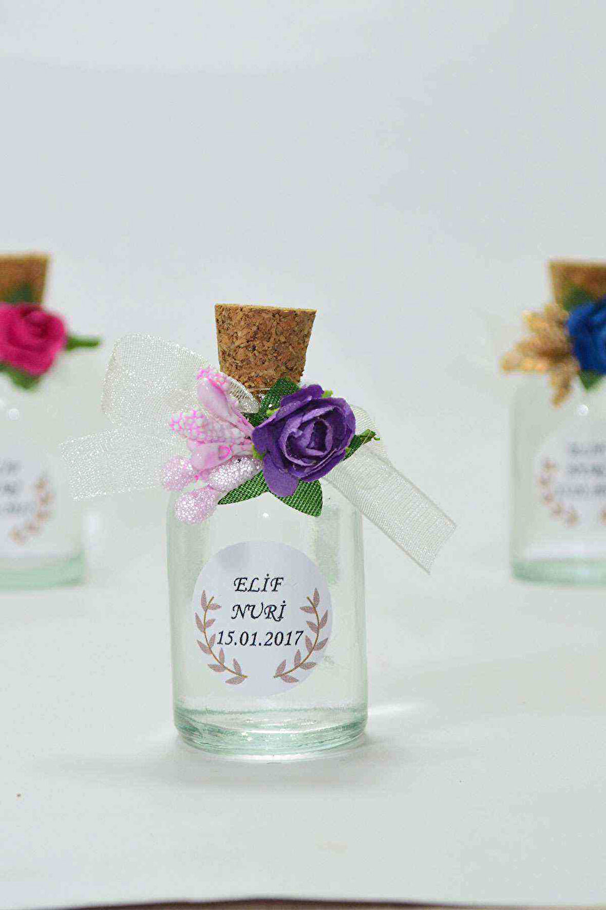 25 Adet Çiçekli Hediyelik Kolonya Şişesi, Nikah Şekeri, Bebek Şekeri - Şeffaf Mor