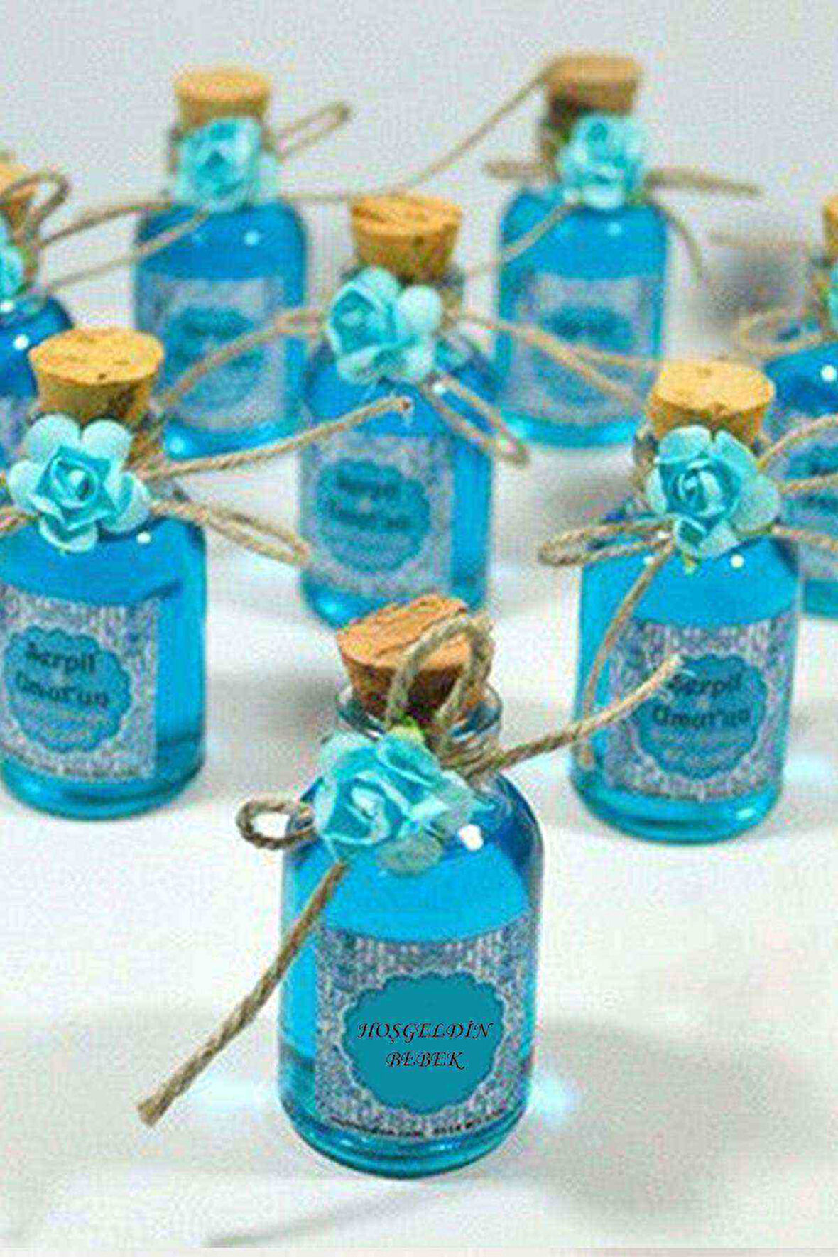 25 Adet Çiçekli Hediyelik Kolonya Şişesi, Nikah Şekeri, Bebek Şekeri - MAVİ