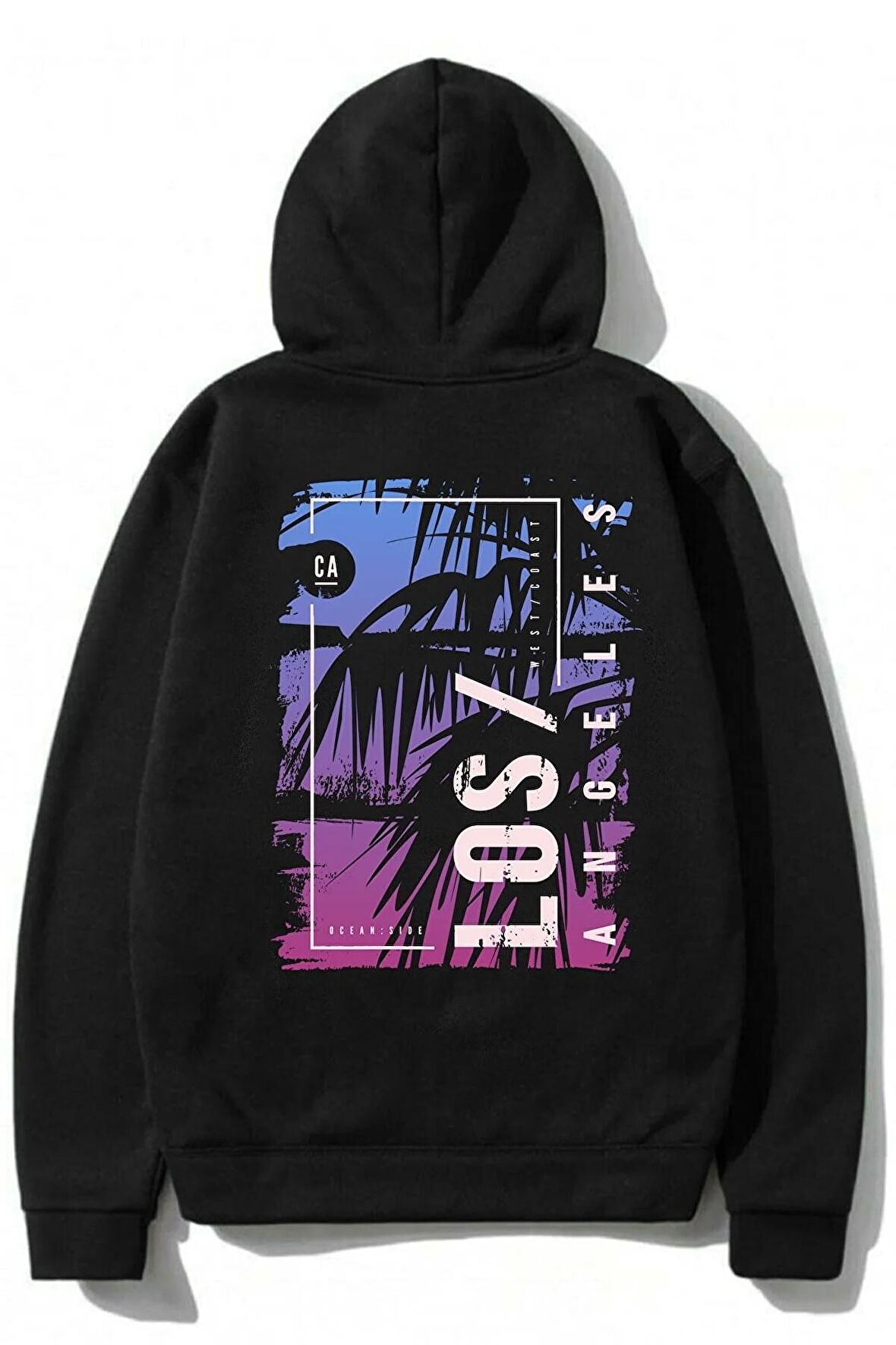 Unisex Los Angeles Siyah Kapüşonlu % 100 Pamuk 3 Iplik Hoodie Sweatshirt