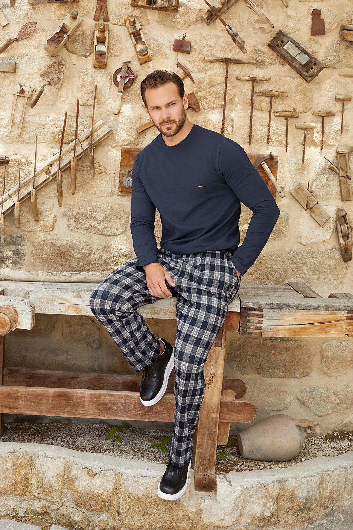 Aydoğan Erkek Tekin Jakarlı Kışlık Lacivert Pijama Takım 3380