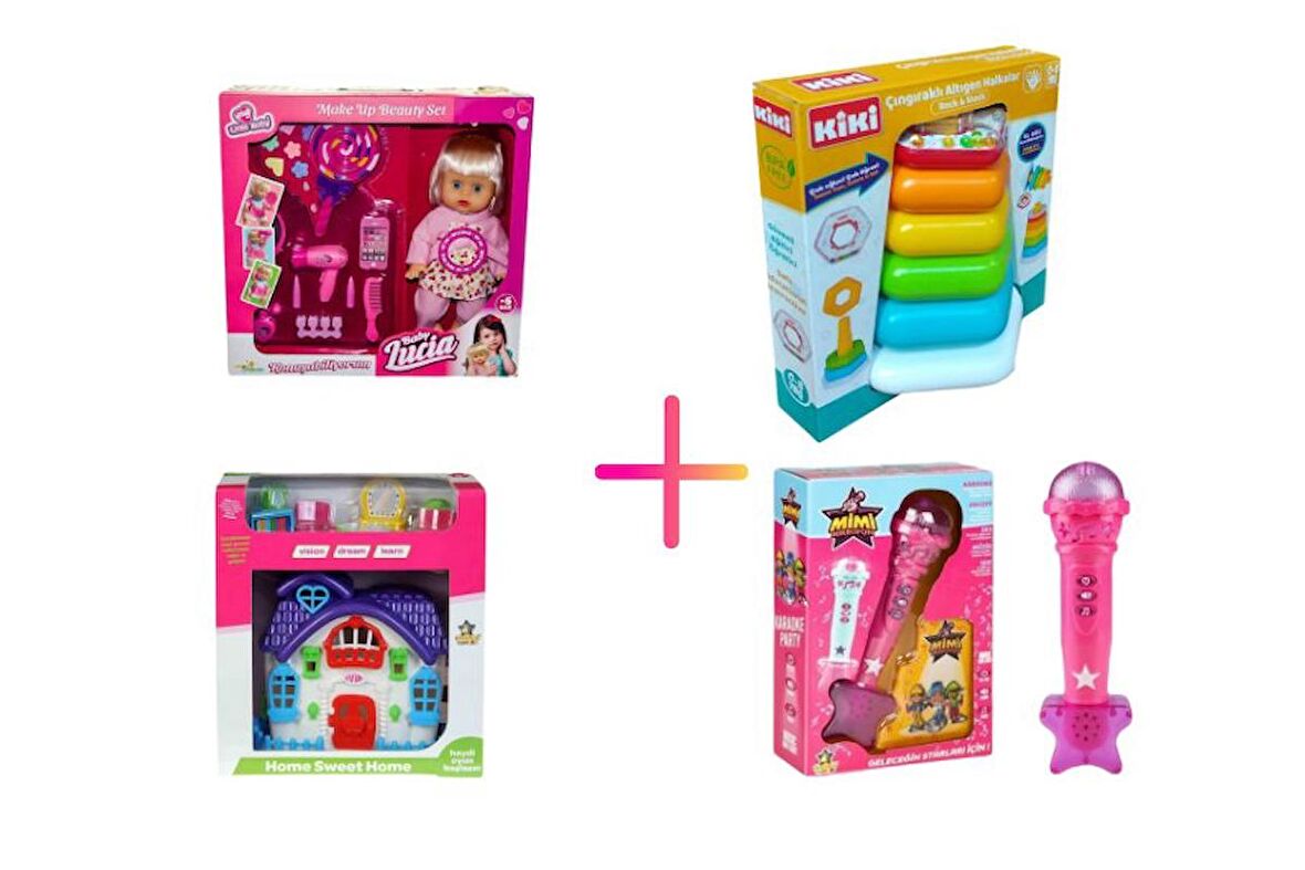 Eğitici 4'lü Set (Konuşan Bebek Seti + Çıngıraklı Altıgen Halkalar + Pembe Mikrofon + Mini Ev)