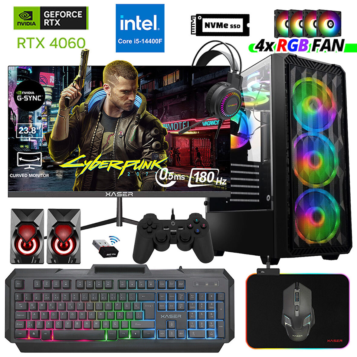 Xaser Delux X47 i5 14400F 16GB DDR5 Ram 512GB M.2 NVMe SSD 8GB RTX4060 23.8" 180Hz Masaüstü Oyuncu Bilgisayarı