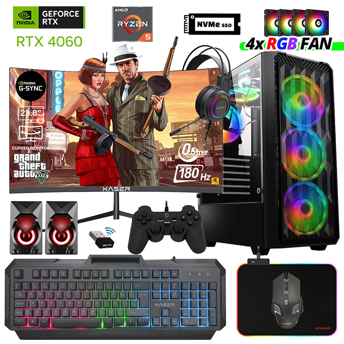 Xaser Delux X49 Ryzen 5 8400F 16GB DDR5 Ram 512GB M.2 NVMe SSD 8GB RTX4060 23.8" 180Hz Masaüstü Oyuncu Bilgisayarı