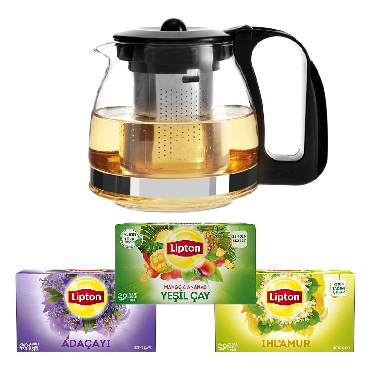 Yakut Çelik Süzgeçli Demlik 700 ml + Lipton Ihlamur-Adaçayı-Yeşil Çay 20 li Set