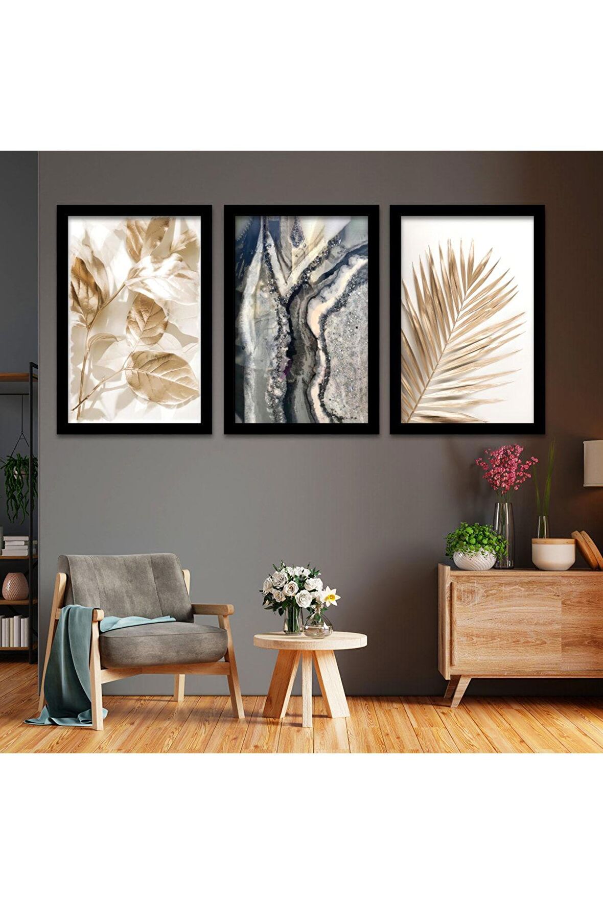 Gümüş Pleksi Kenar Üçlü Mdf Tablo Seti Saat Seti