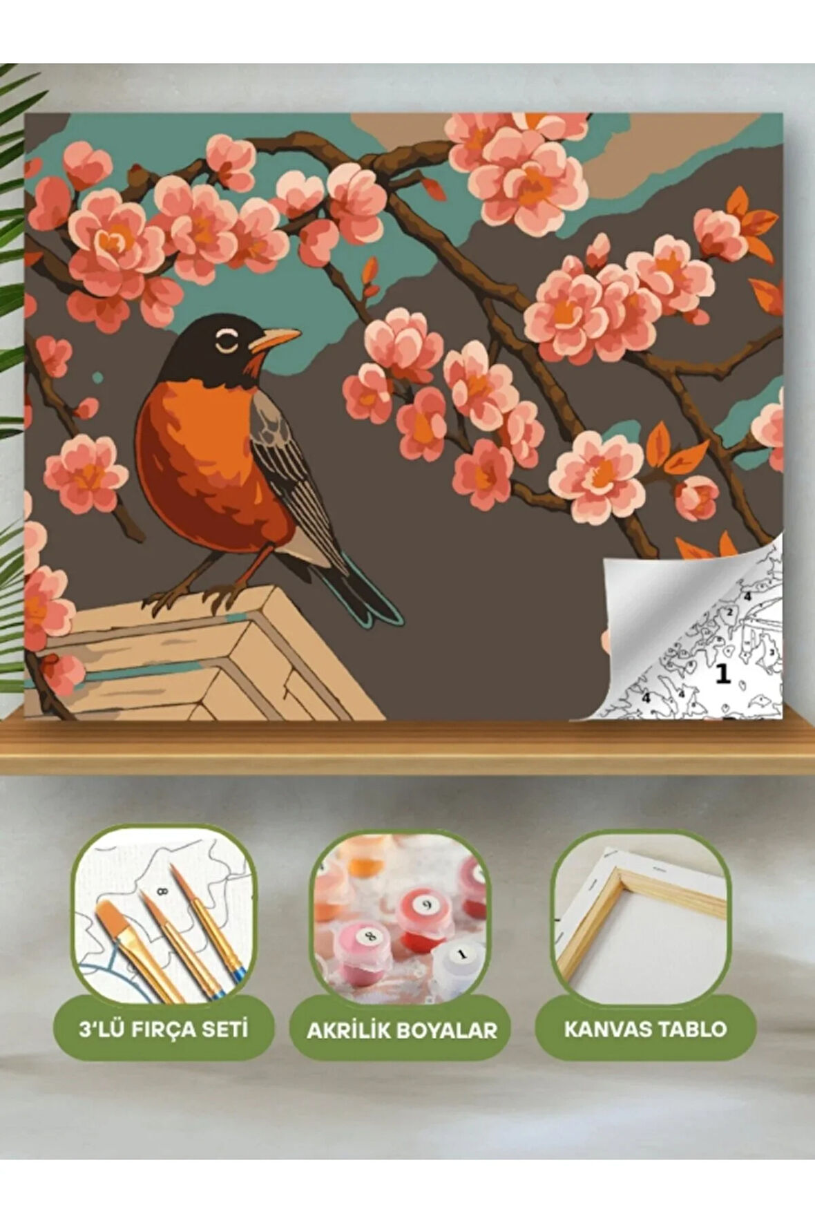 Sayılarla Boyama Seti 40x50 Cm (Çıtalı) Fırça Boya Dahil Numaralı Tuval Kuş ve Bahar Çiçekleri