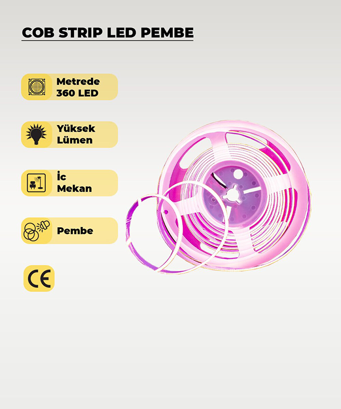 12V COB Şerit Led Pembe Işık  - Metrede 360 Led - 5 Metre