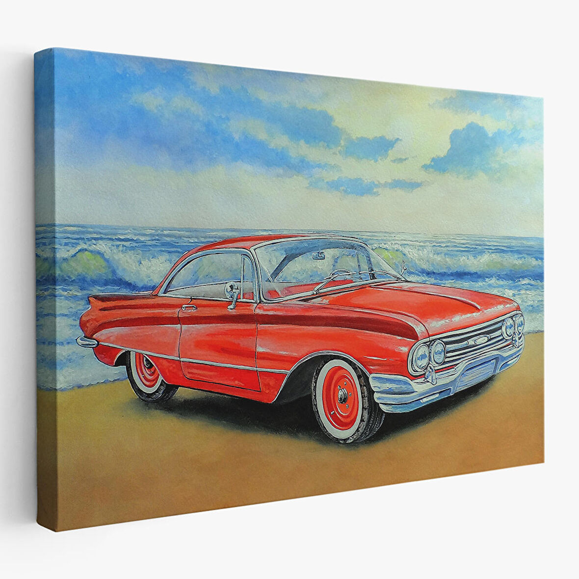 Kızmızı Retro Araba Yağlıboya Görünüm Dekoratif Kanvas Duvar Tablosu-3499