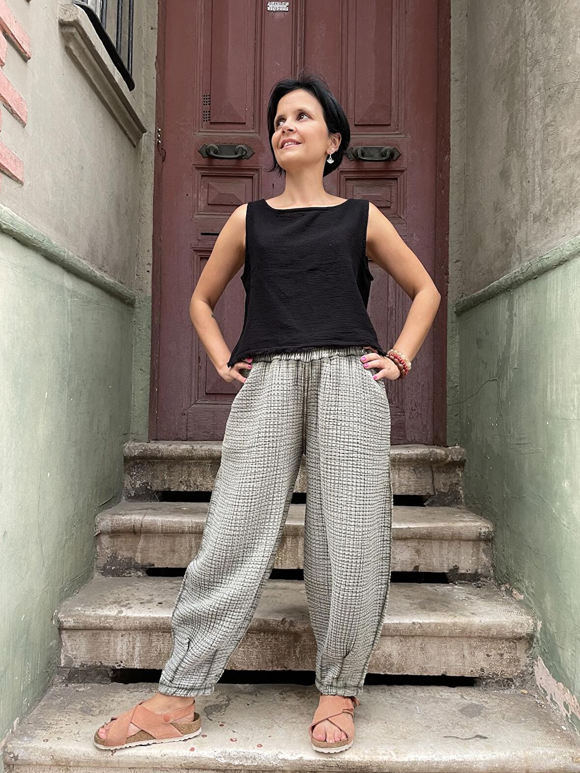 Bohem Müslin Taşlanmış Haki Kadın Pantolon, Salaş Pantolon, Rahat Pantolon, Yoga Pantolon,