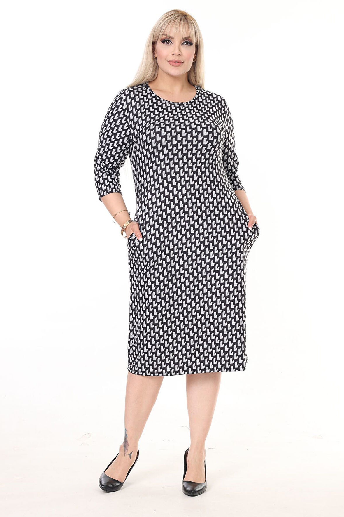 Çift Cepli Kışlık Büyük Beden Elbise 34F-2606