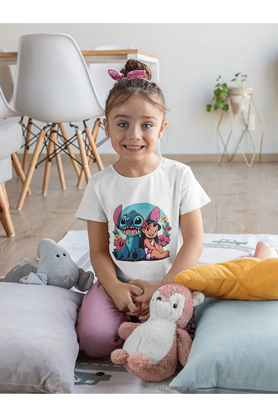 Stitch Ve Lilo Baskılı Unisex Çizgi Film Çocuk Tişört (1-12 Yaş)