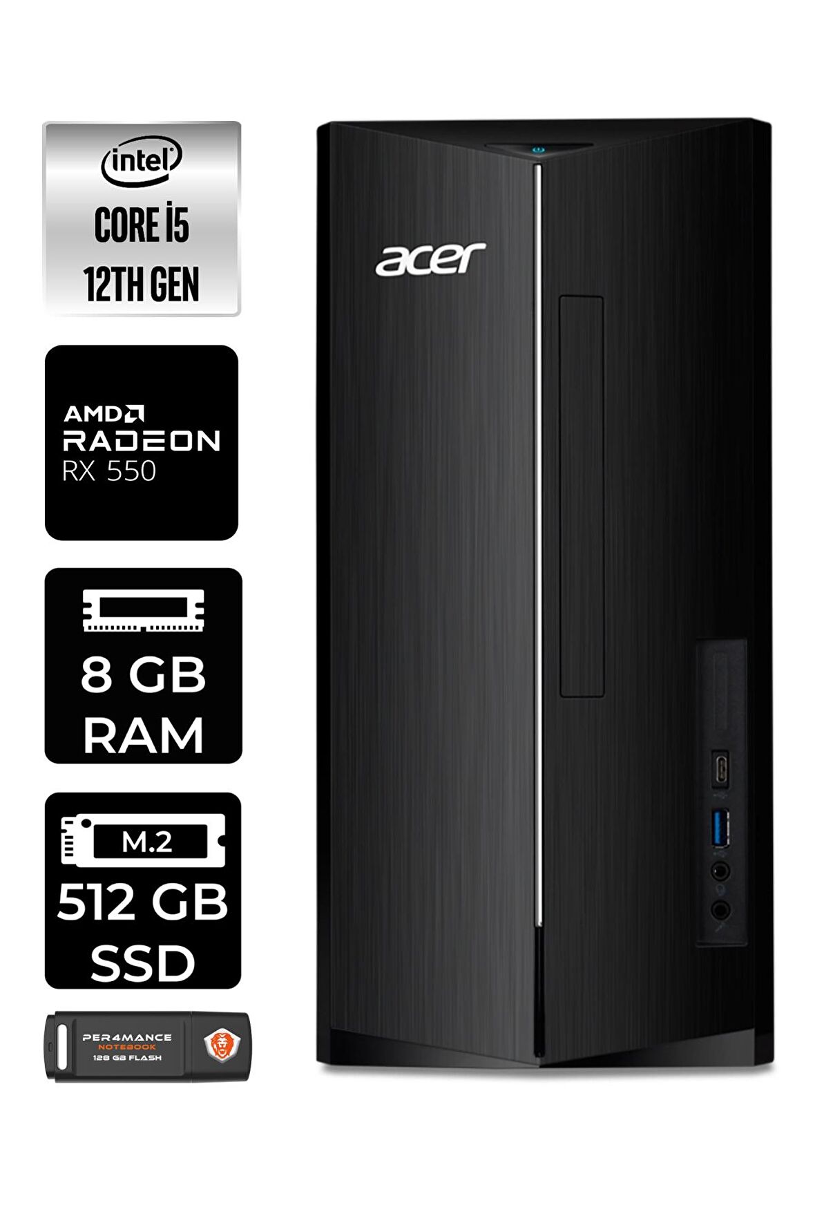 ACER ASPİRE i5 12400 8GB RAM 512GB SSD RX550/4GB W11PRO DT.BHUEM.005 MASAÜSTÜ PC & PER4 BELLEK