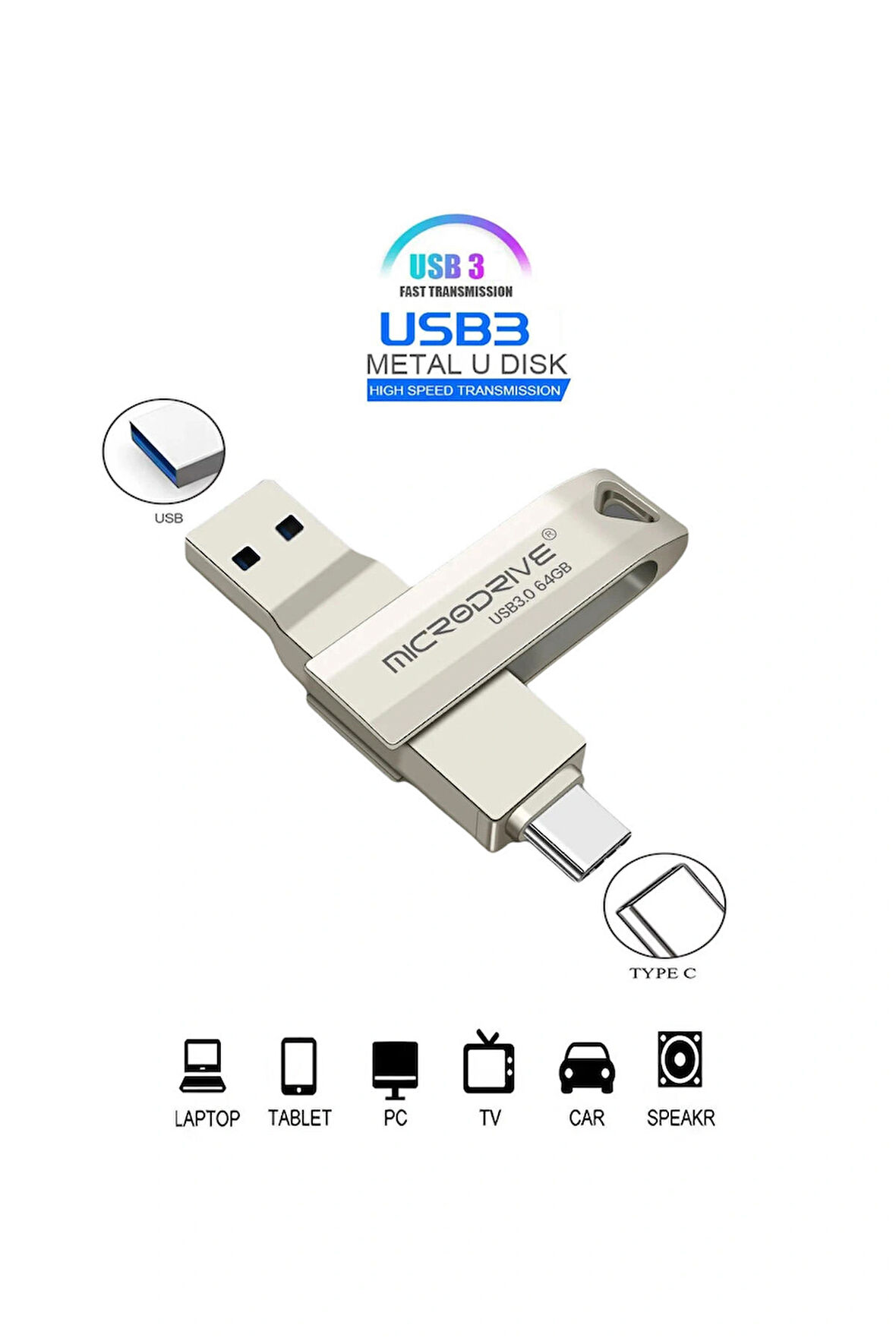 Microdrive 128 Gb Type C Ve Usb Flash Bellek Otg Çift Giriş 3.0 2in1 