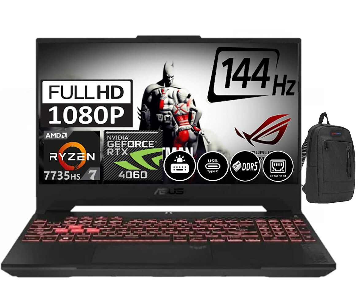ASUS TUF GAMING A15 FA507NV-LP037 Amd Ryzen 7 7735HS 16GB DDR5 Ram 512GB SSD 8GB RTX4060 15.6inç FHD IPS 144Hz Freedos Taşınabilir Bilgisayar FA507NV-LP03701+ZettaÇanta