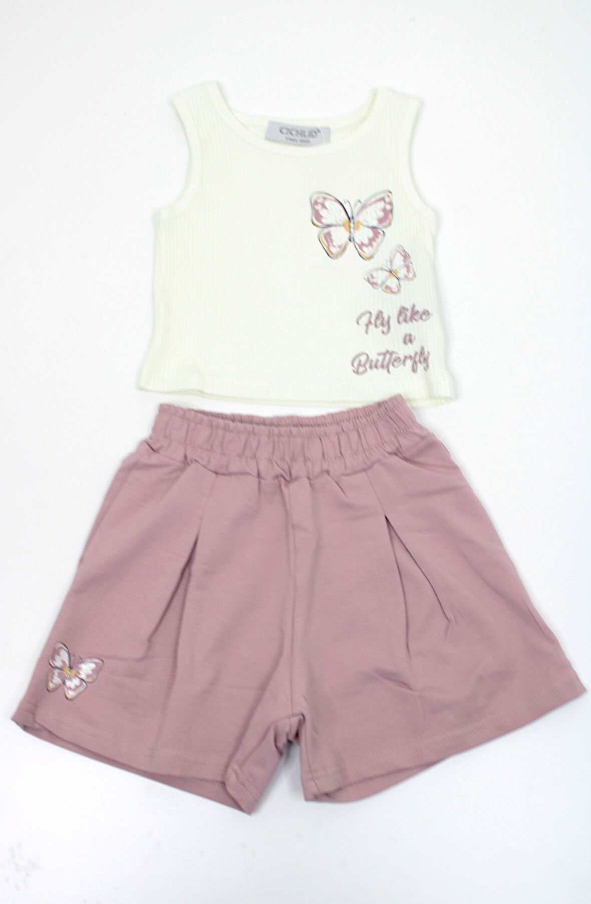 Kız Çocuk Kelebek Baskılı Crop Şortlu Takım