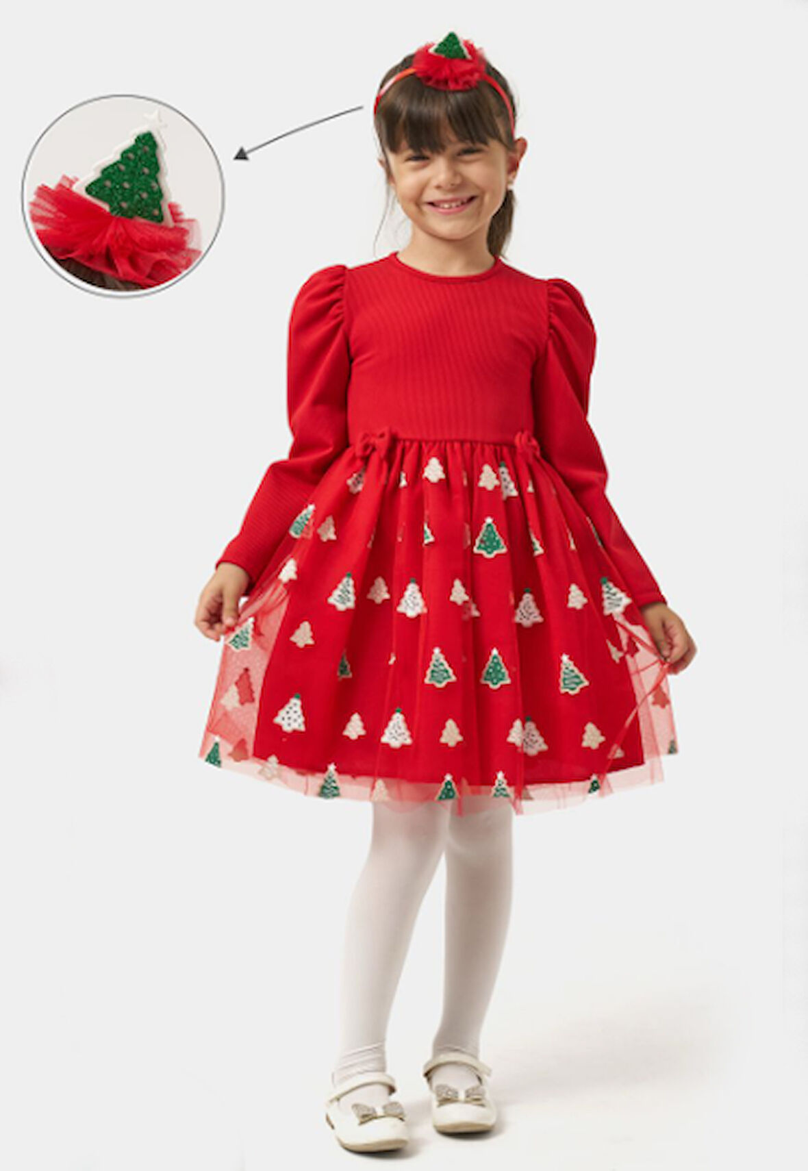 Kız Çocuk Kollu Balon Eteği Tüllü Yıllbaşı Elbisesi NBK-24921
