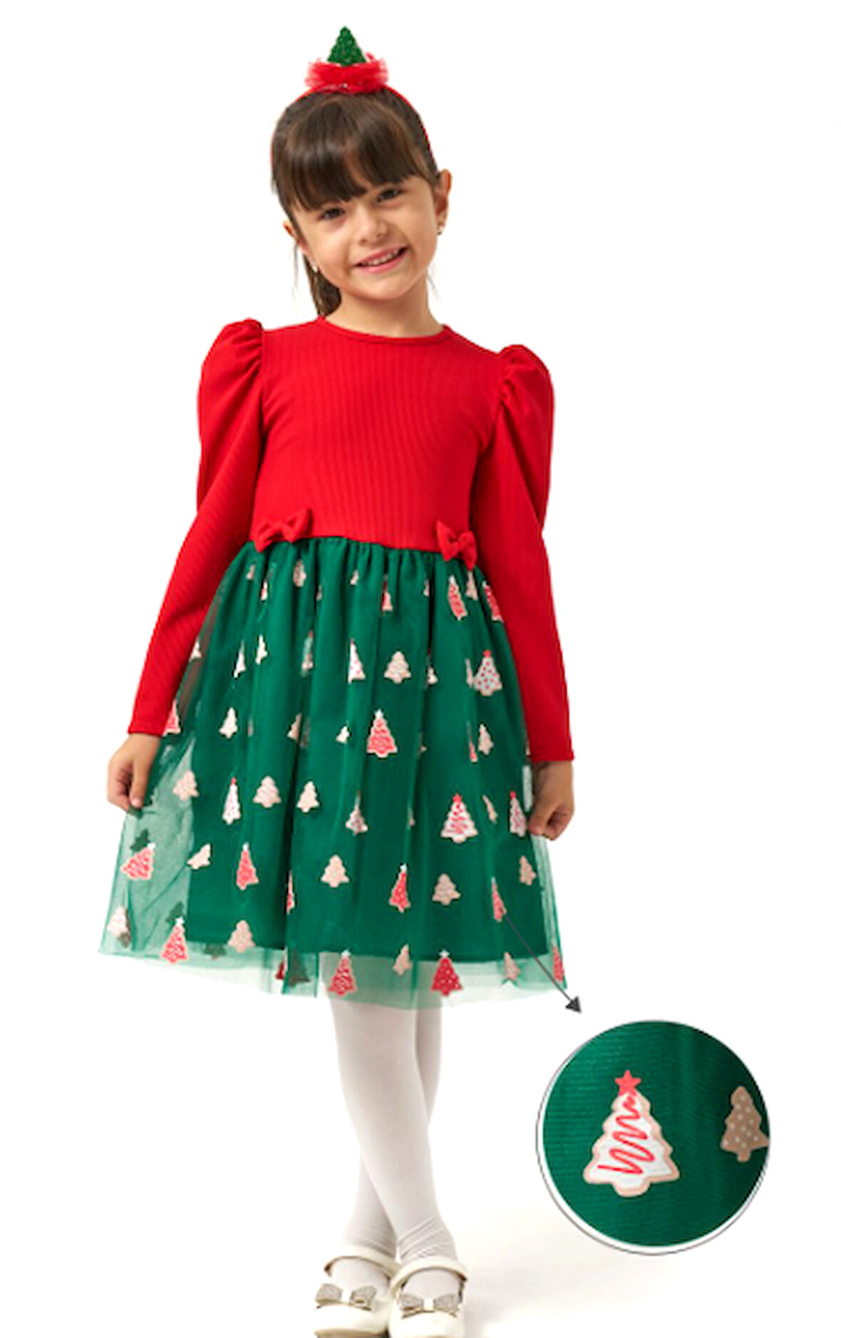 Kız Çocuk Kollu Balon Eteği Tüllü Yıllbaşı Elbisesi NBK-24921