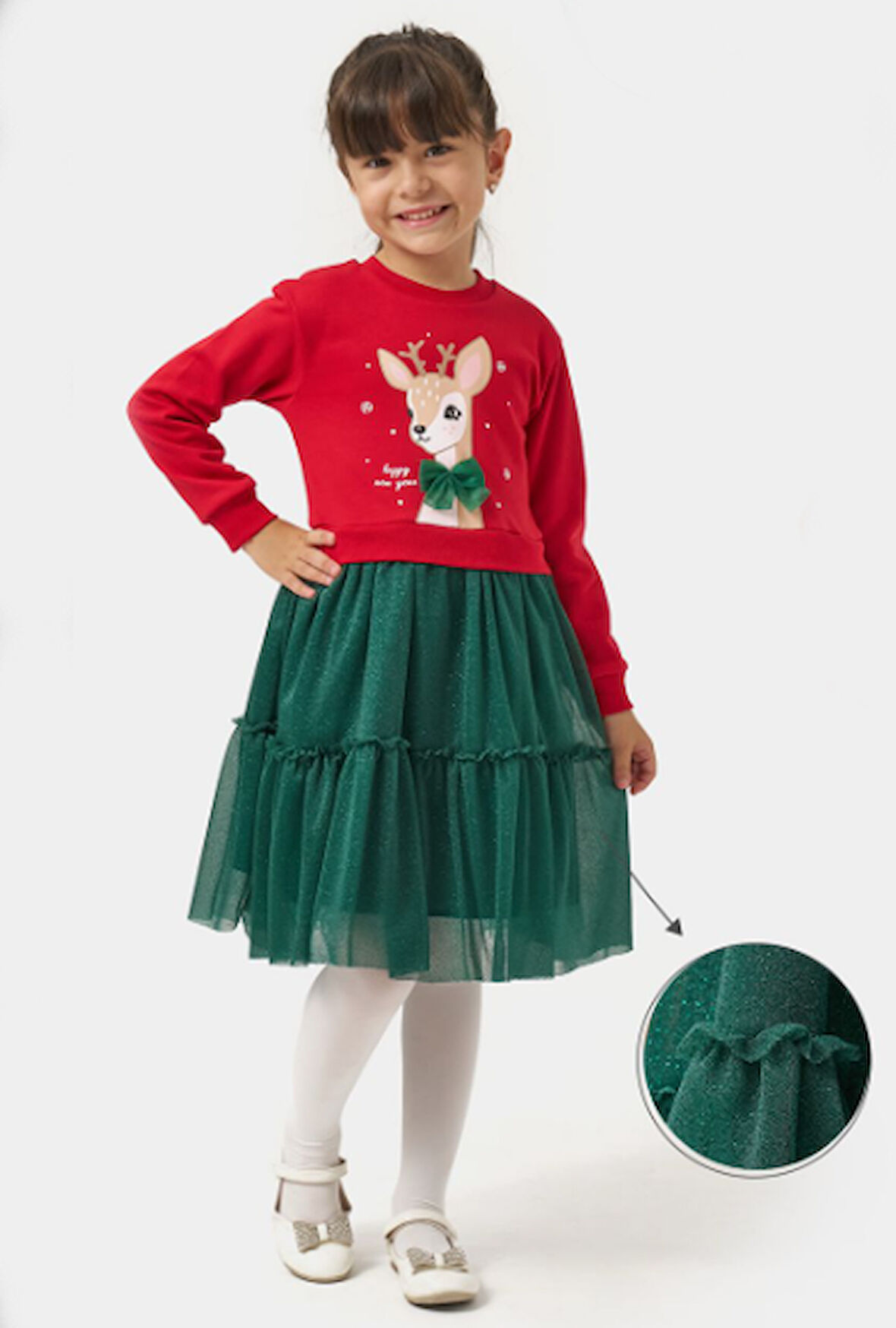 Kız Çocuk Happy New Year Geyik Baskılı Yeniyıl Elbisesi NBK-24916