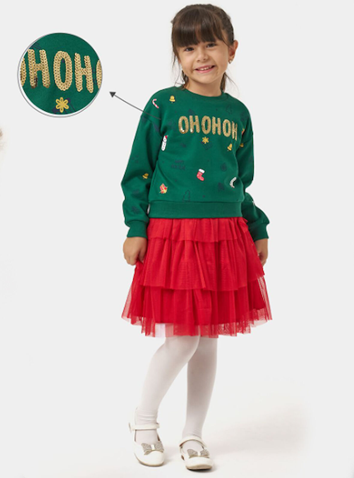 Kız Çocuk Ho Ho Ho Yazılı Kat Kat Etekli Yılbaşı Takımı NBK-24925