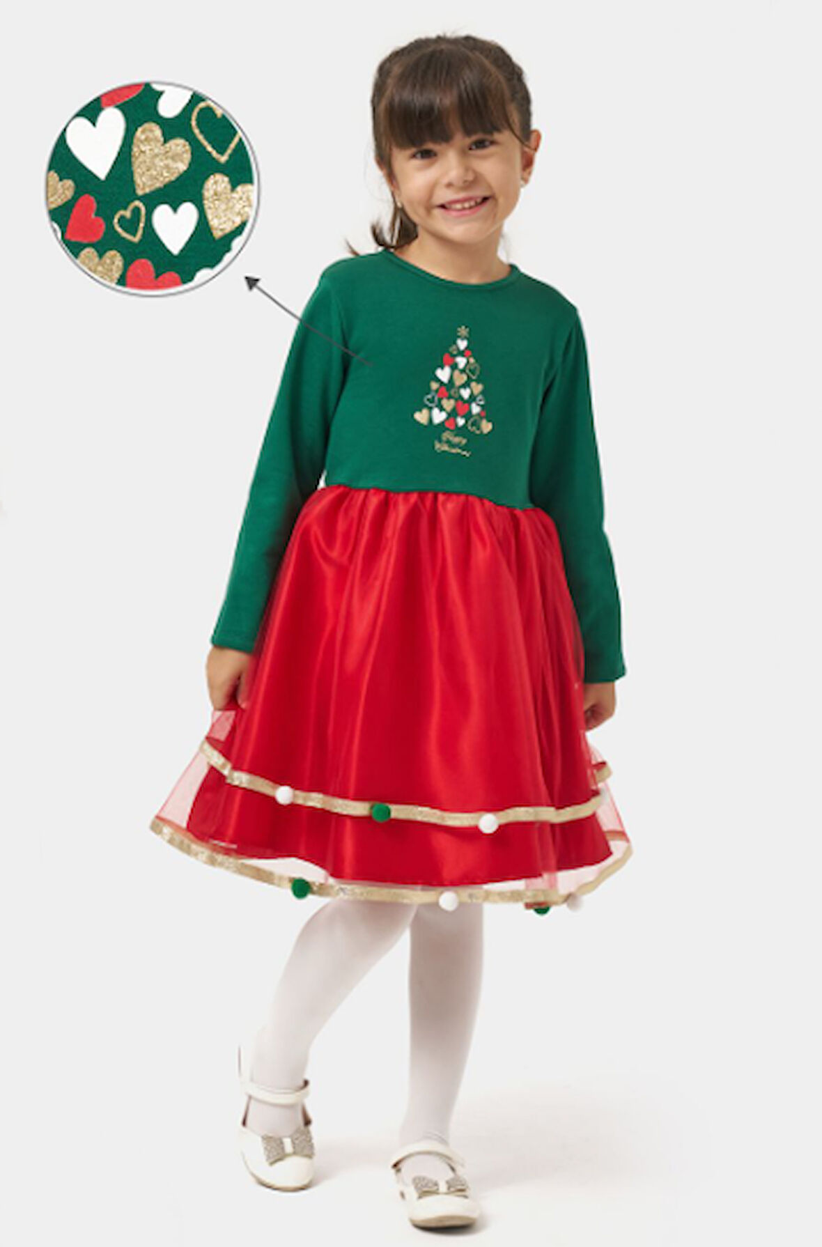 Kız Çocuk Eteği Saten Detaylı Ponponlu Yılbaşı Elbisesi  NBK-24907
