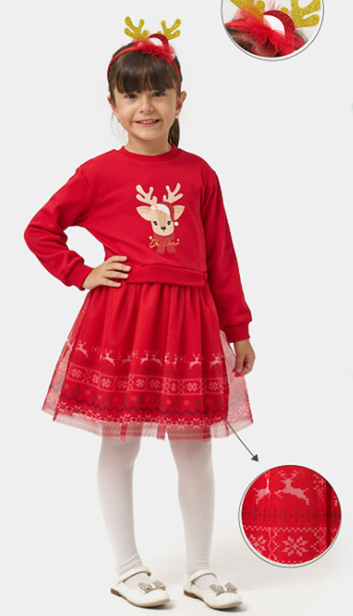 Kız Çocuk Oh Deer Tüllü Baskılı Yılbaşı Elbisesi NBK-24909