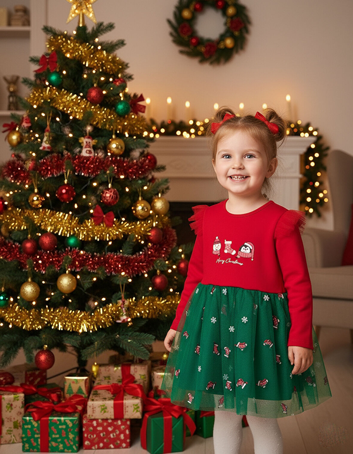 Kız Çocuk Snowman And Penguın Tüllü Yılbaşı Elbise NBK-24915