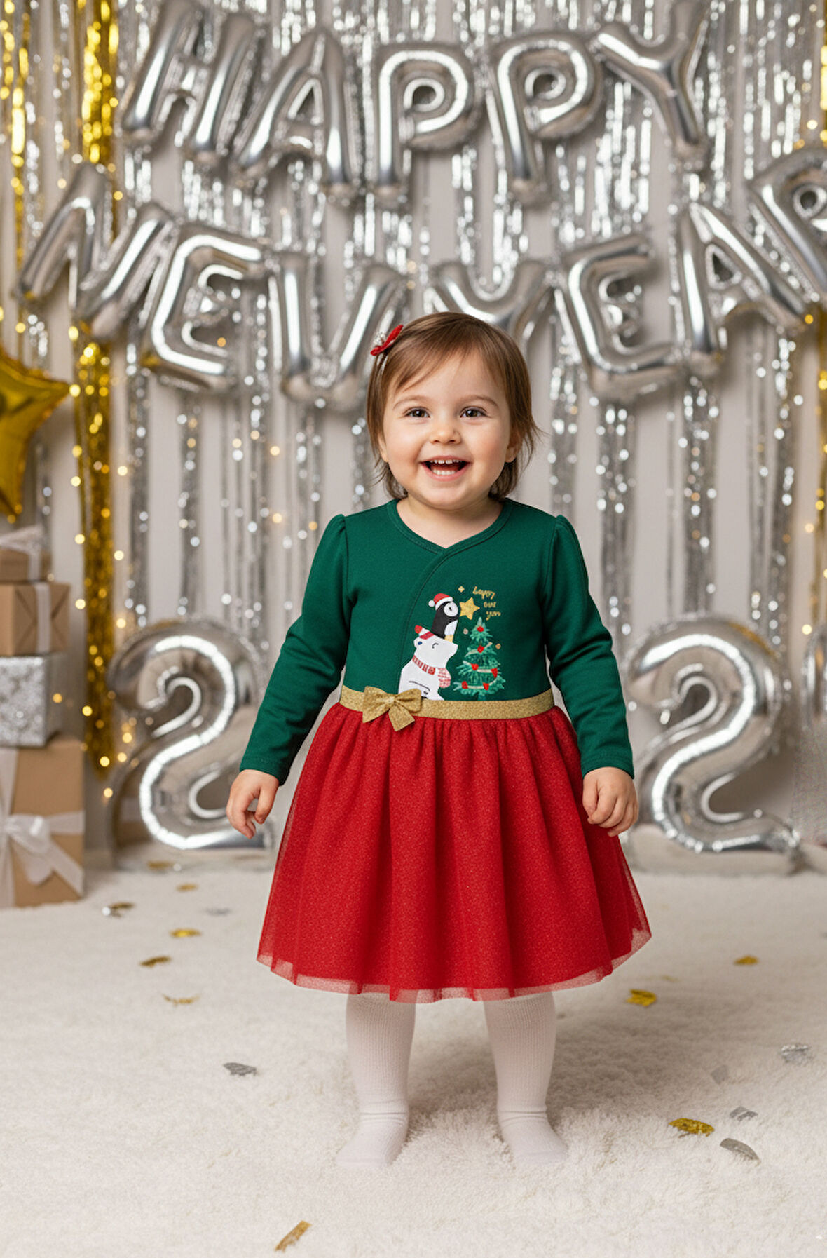 Kız Bebek Beli Fiyonk Detaylı Anvelop Yılbaşı Elbise NBK-24923