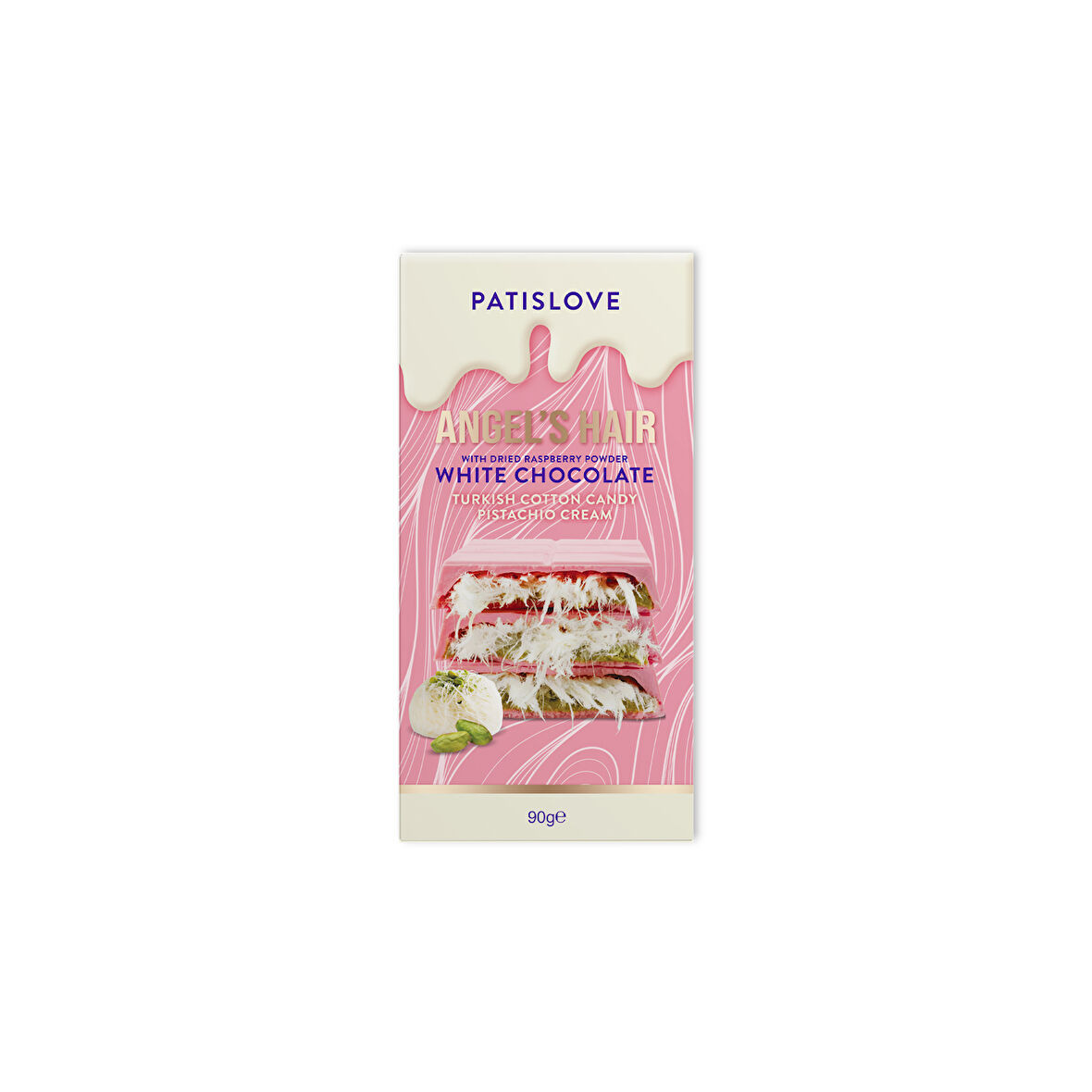 Patislove Antep Fıstığı Kremalı ve Pişmaniye Dolgulu Frambuaz Tozlu Beyaz Çikolata, 90G