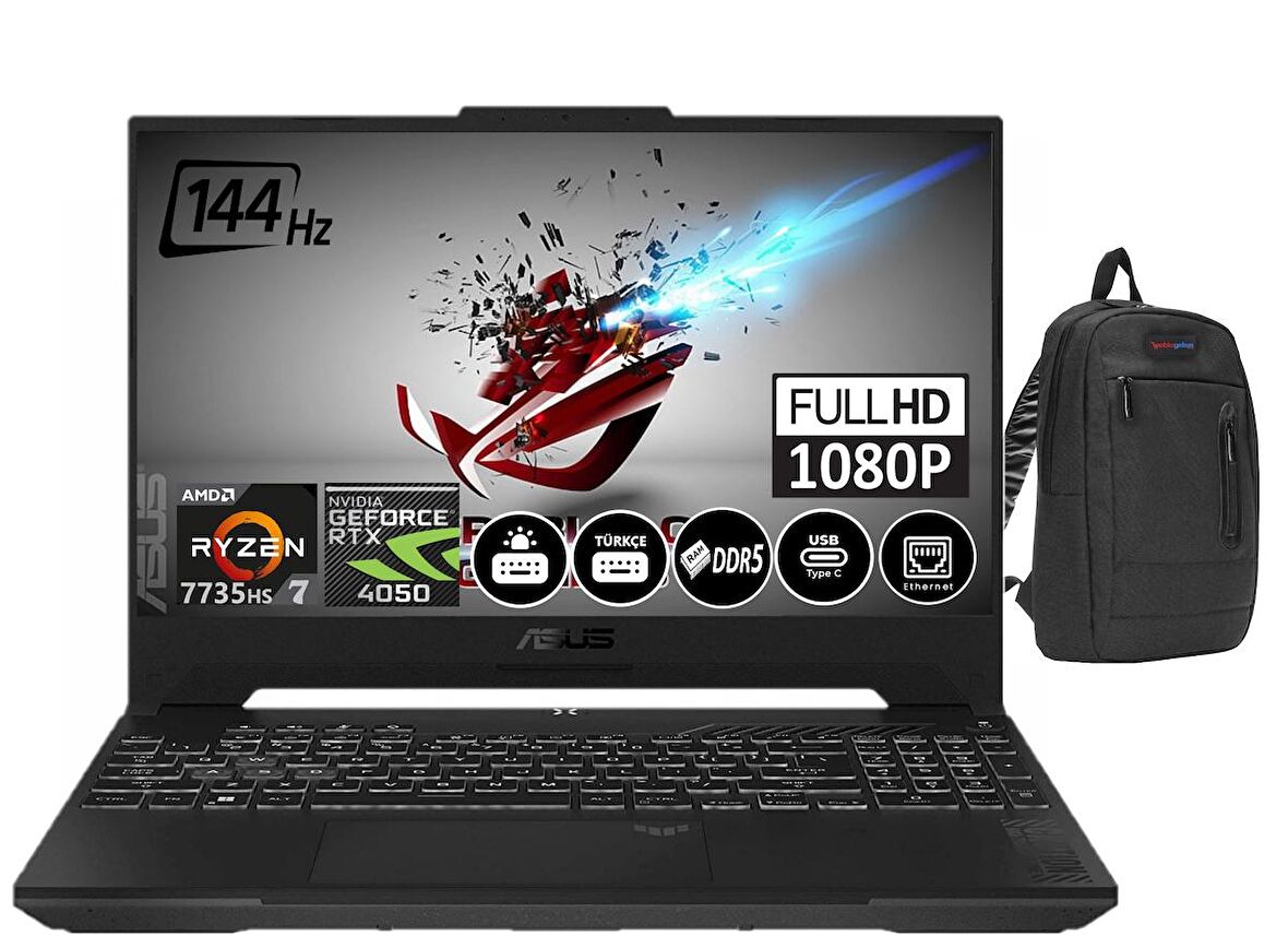 ASUS TUF GAMING A15 FA507NU-LP053 Amd Ryzen 7 7735HS 16gb DDR5 Ram 512gb SSD 6GB RTX4050 15.6inç FHD IPS 144Hz Windows11Pro Taşınabilir Bilgisayar LP05319+ZettaÇanta