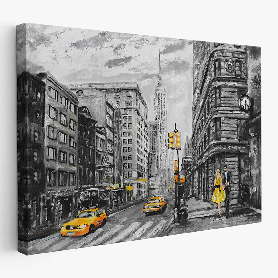 New York Sokakları Ve Sarı Taksi Yağlıboya Görünüm Tablo-3500