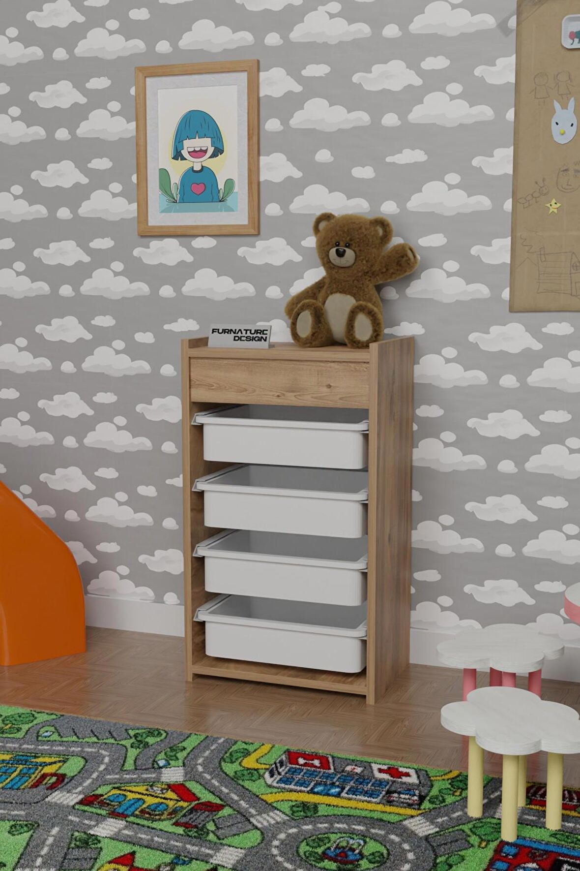 CMK Store 4 Sepetli Oyuncak Dolabı Çok Amaçlı Mutfak Dolabı Sebzelik Atlantik Çam - Beyaz