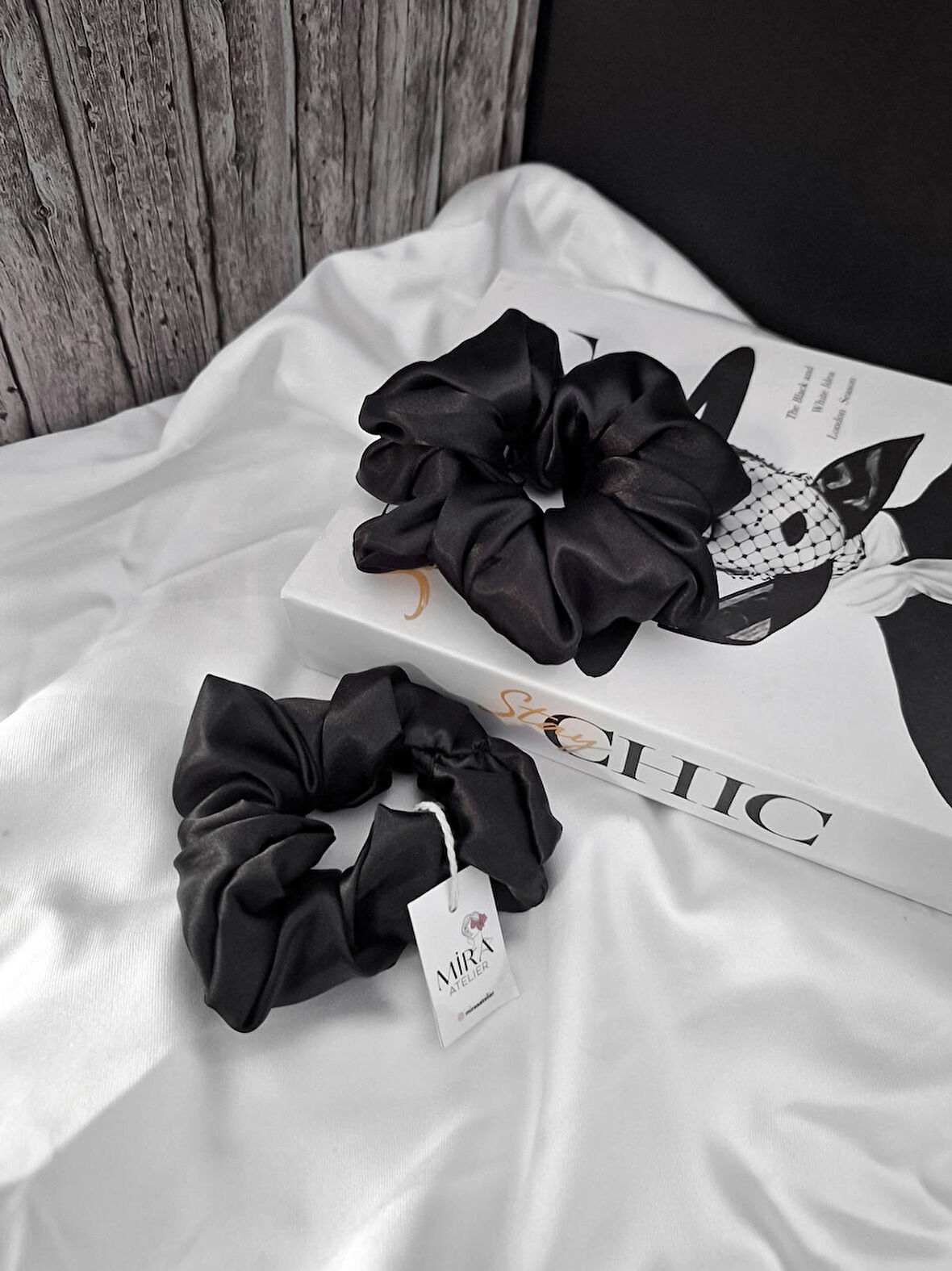 2'li Lüks Kadın Saten Toka - Sonsuz Siyah – Lastik Model Scrunchie - Anne Kız Kombini