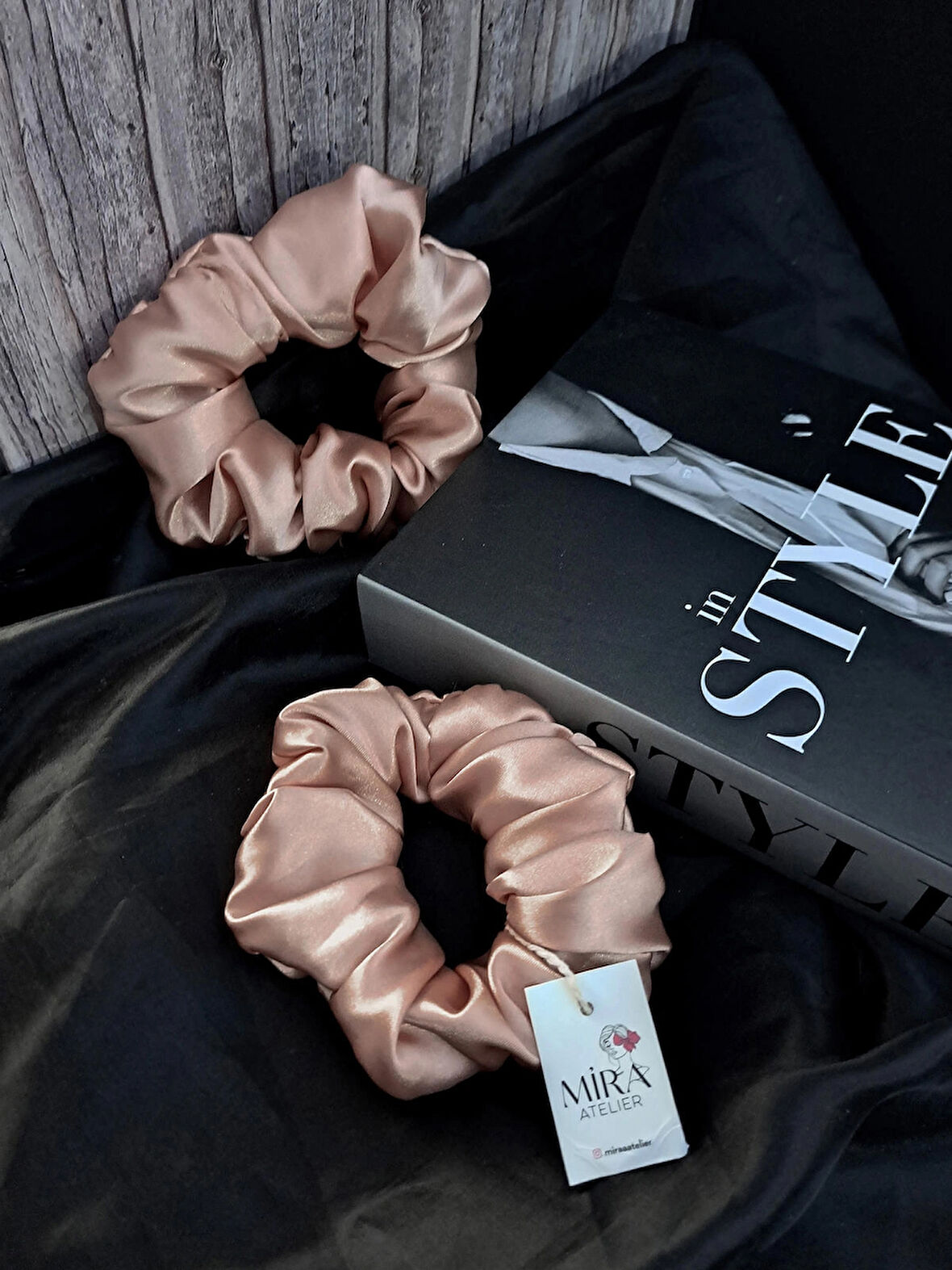 2'li Lüks Kadın Saten Toka - Bronz Pudra – Lastik Model Scrunchie - Anne Kız Kombini