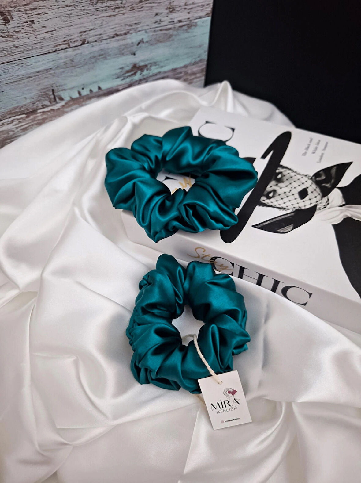 2'li Lüks Kadın Saten Toka - Mavi Aura – Lastik Model Scrunchie - Anne Kız Kombini